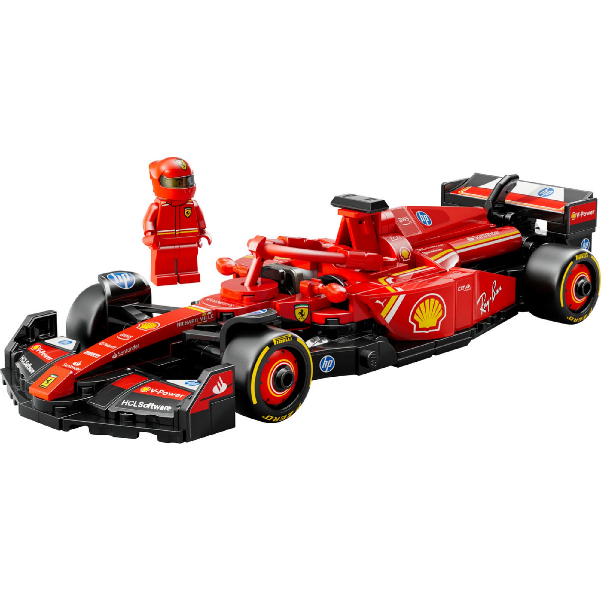 A LEGO Ferrari SF-24 F1 autómodell részletesen bemutatva, pilóta minifigurával, valósághű szponzormatricákkal és Pirelli gumikkal.