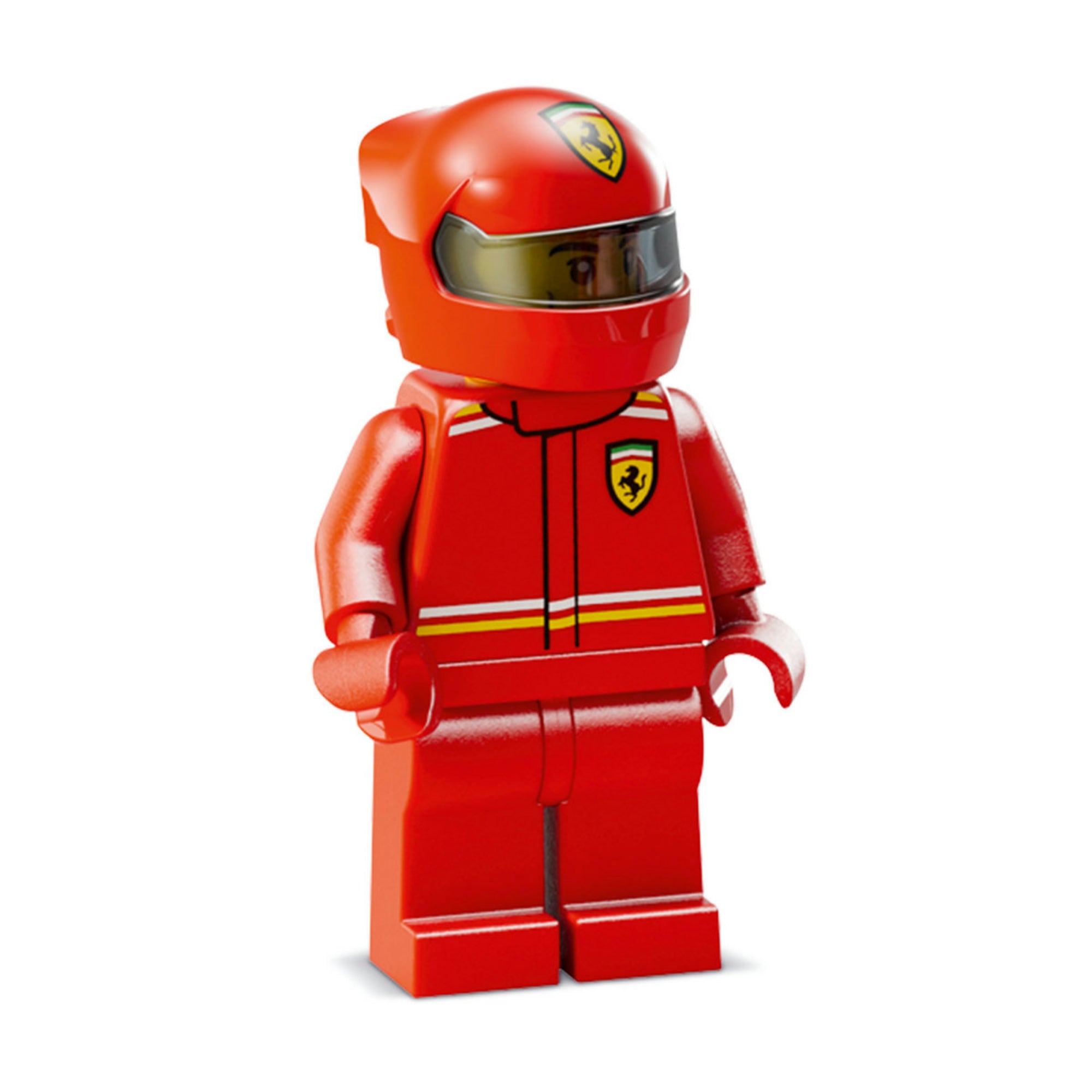 Közelkép a LEGO Ferrari versenyző minifiguráról piros overallban és Ferraris sisakban, a Speed Champions készletből.