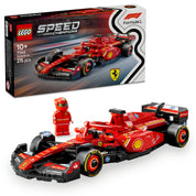 A LEGO Speed Champions Ferrari SF-24 F1 versenyautó készlet doboza, előtérben az összerakott autómodell és a piros Ferrari versenyző minifigura.