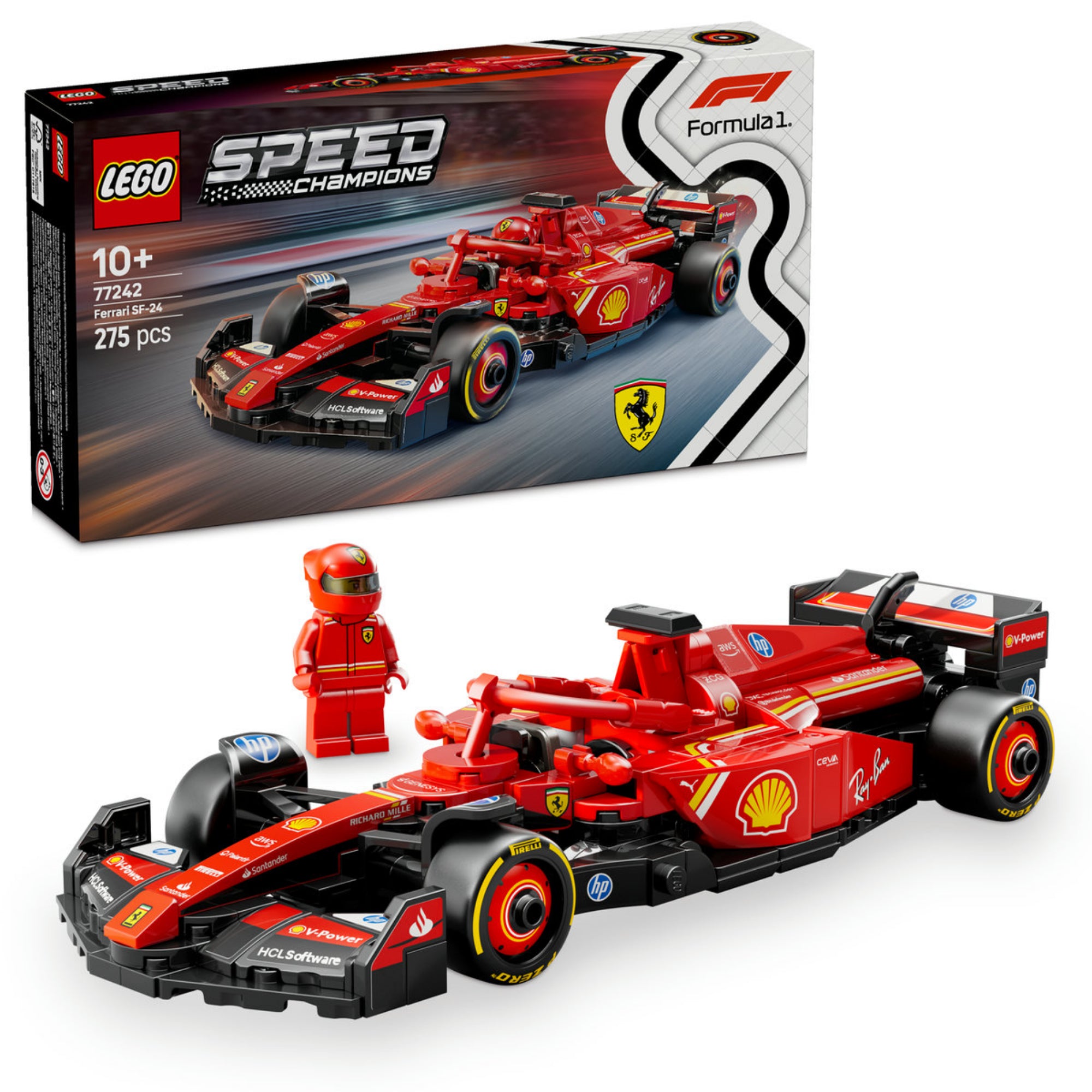 A LEGO Speed Champions Ferrari SF-24 F1 versenyautó készlet doboza, előtérben az összerakott autómodell és a piros Ferrari versenyző minifigura.
