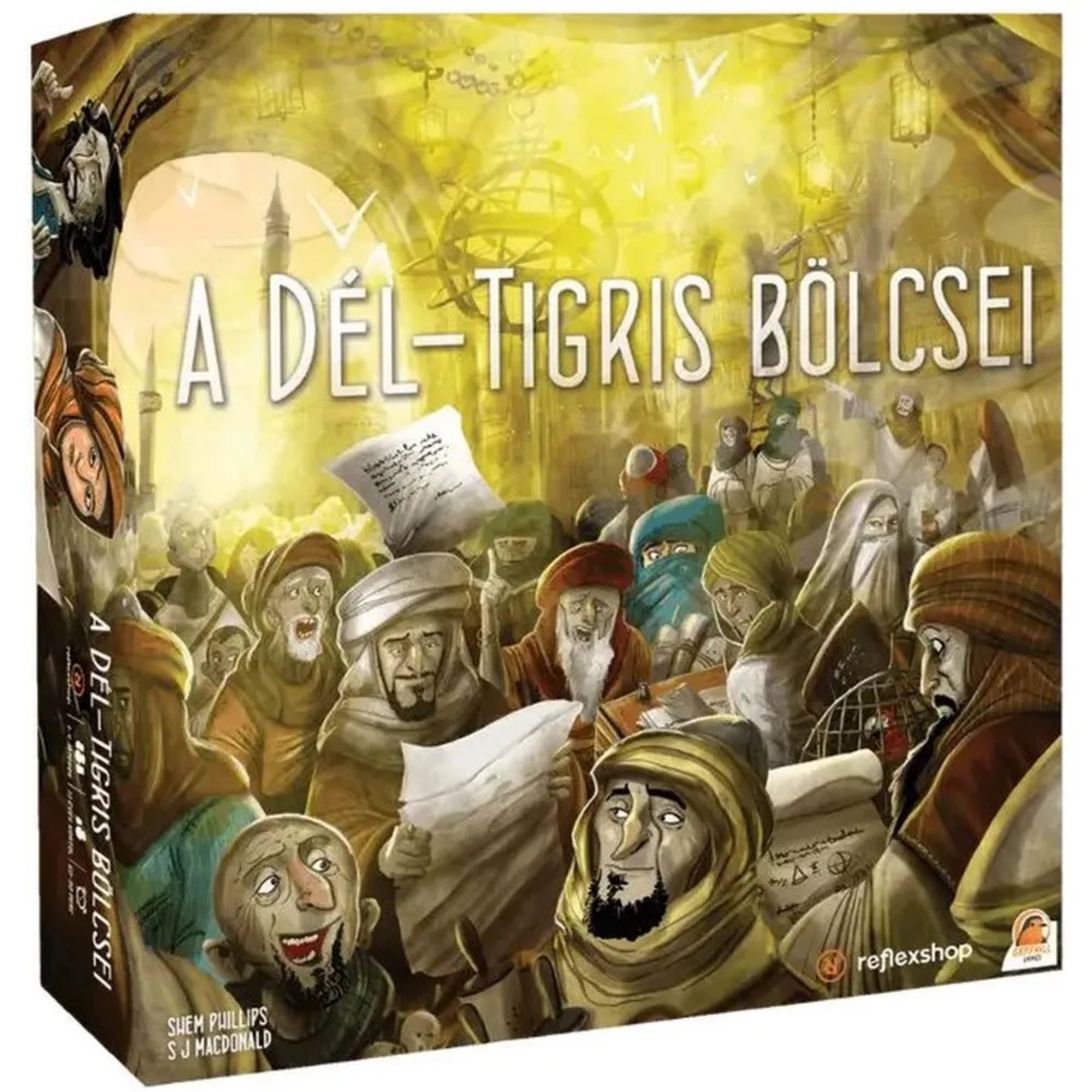 A „A Dél-Tigris bölcsei” társasjáték doboza, színes, részletgazdag illusztrációval, amely tudósokat, írnokokat és pergameneket ábrázol egy forgalmas, sárgás fényárban úszó piaci környezetben.