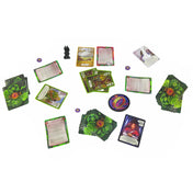 A Gyűrűk Ura: A két torony kooperatív kártyajáték játék közbeni elrendezése, paklikkal, karakterkártyákkal, gyűrűkoronggal és torony figurával.