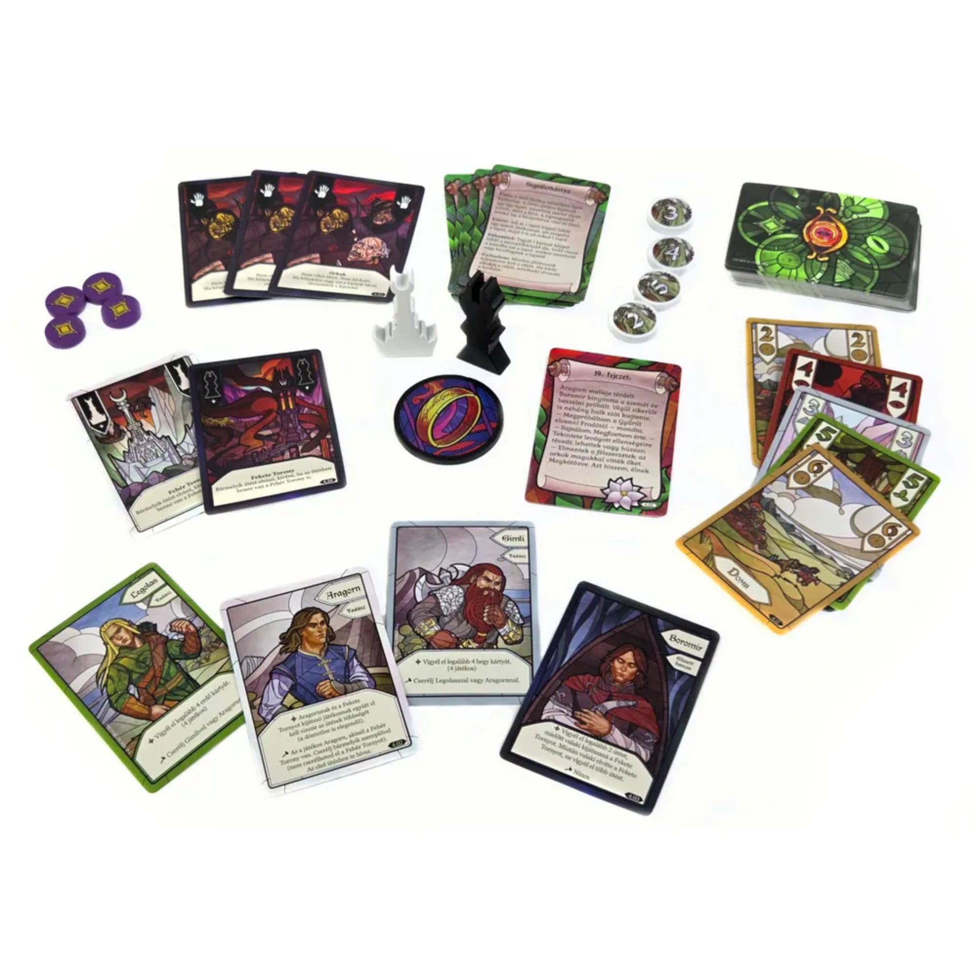 A Gyűrűk Ura: A két torony kooperatív kártyajáték tartalma – karakterkártyák (Aragorn, Gimli, Boromir, Legolas), ellenségkártyák, gyűrűjelző, figurák és zsetonok.