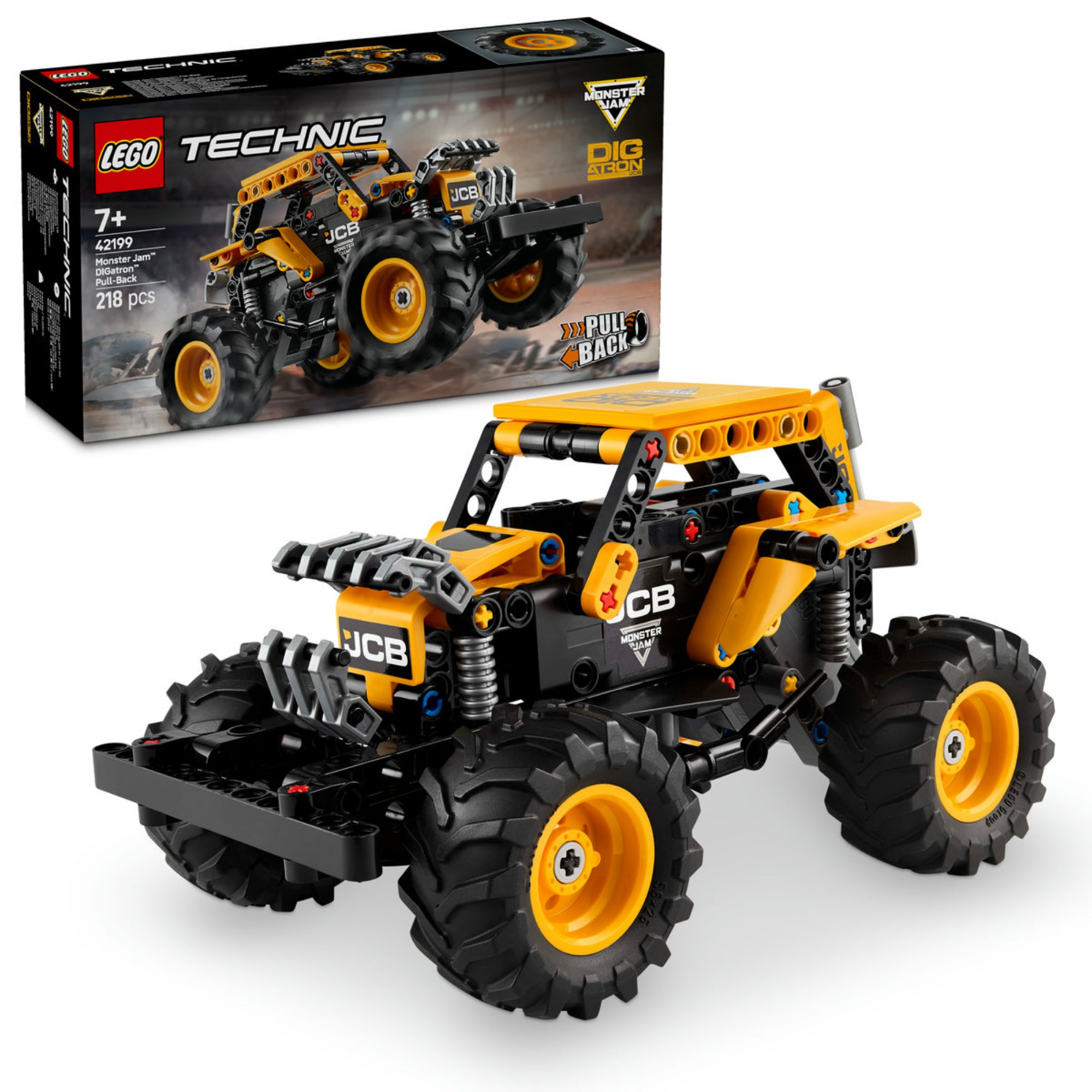 A megépített LEGO Technic Monster Jam™ DIGatron™ modell, kiemelve az autentikus dizájnt és a hatalmas gumiabroncsokat.