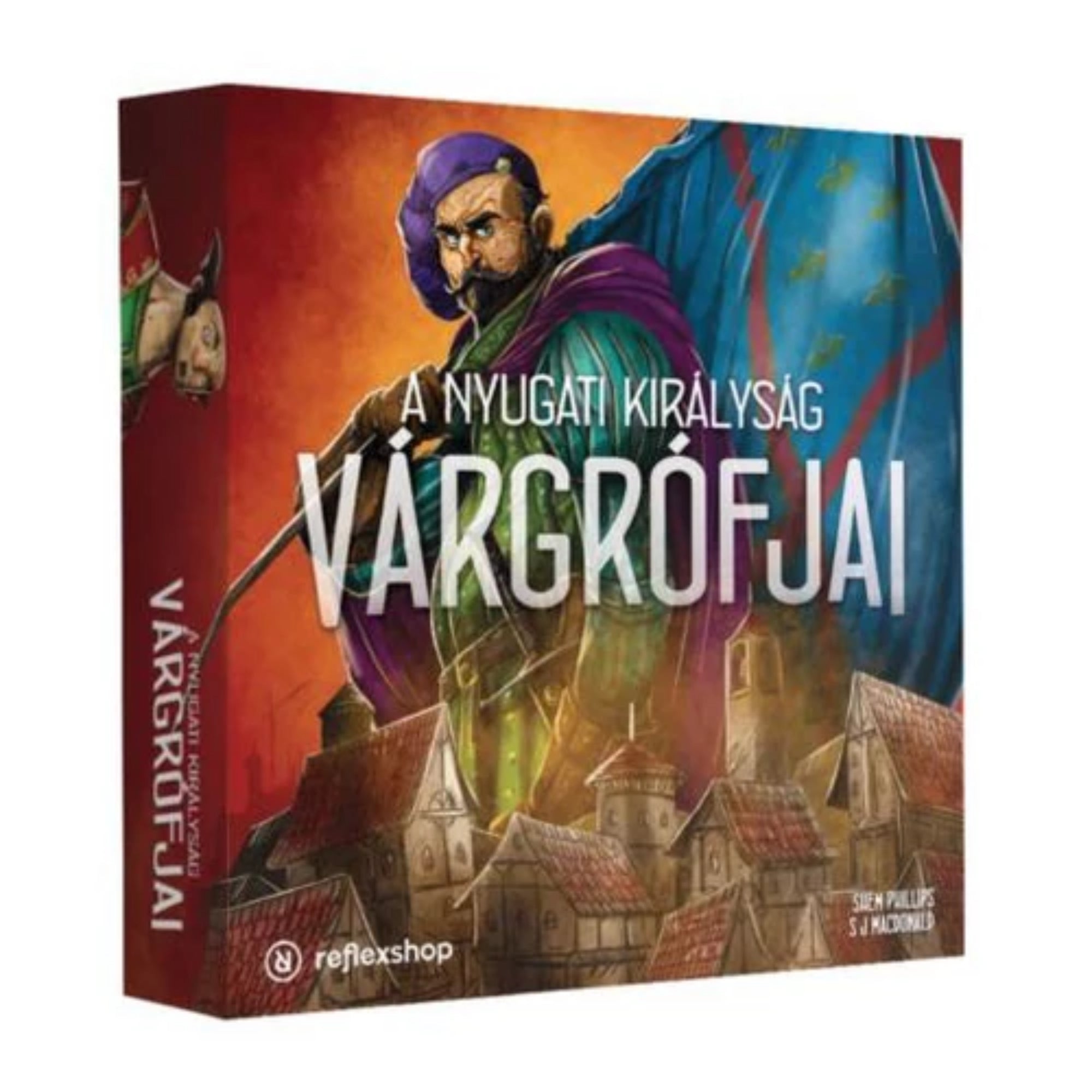 A Nyugati Királyság Várgrófjai társasjáték doboza, színes illusztrációval egy várgrófról, háttérben középkori városképpel.