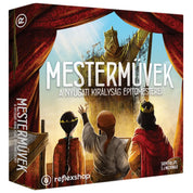  A Nyugati Királyság építőmesterei: Mesterművek társasjáték doboza, rajta három figura aranyszobrot csodál a piros függöny mögül.
