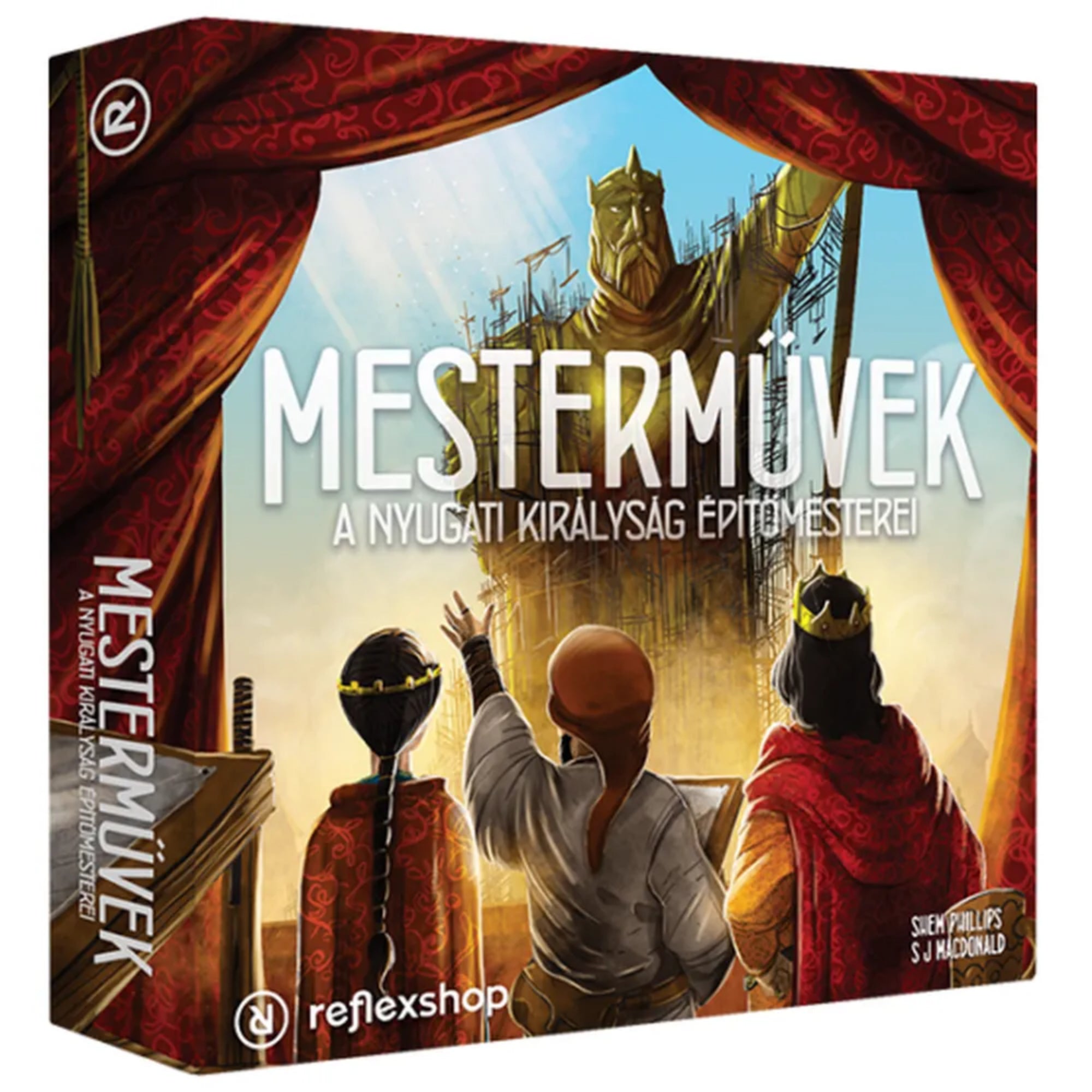  A Nyugati Királyság építőmesterei: Mesterművek társasjáték doboza, rajta három figura aranyszobrot csodál a piros függöny mögül.