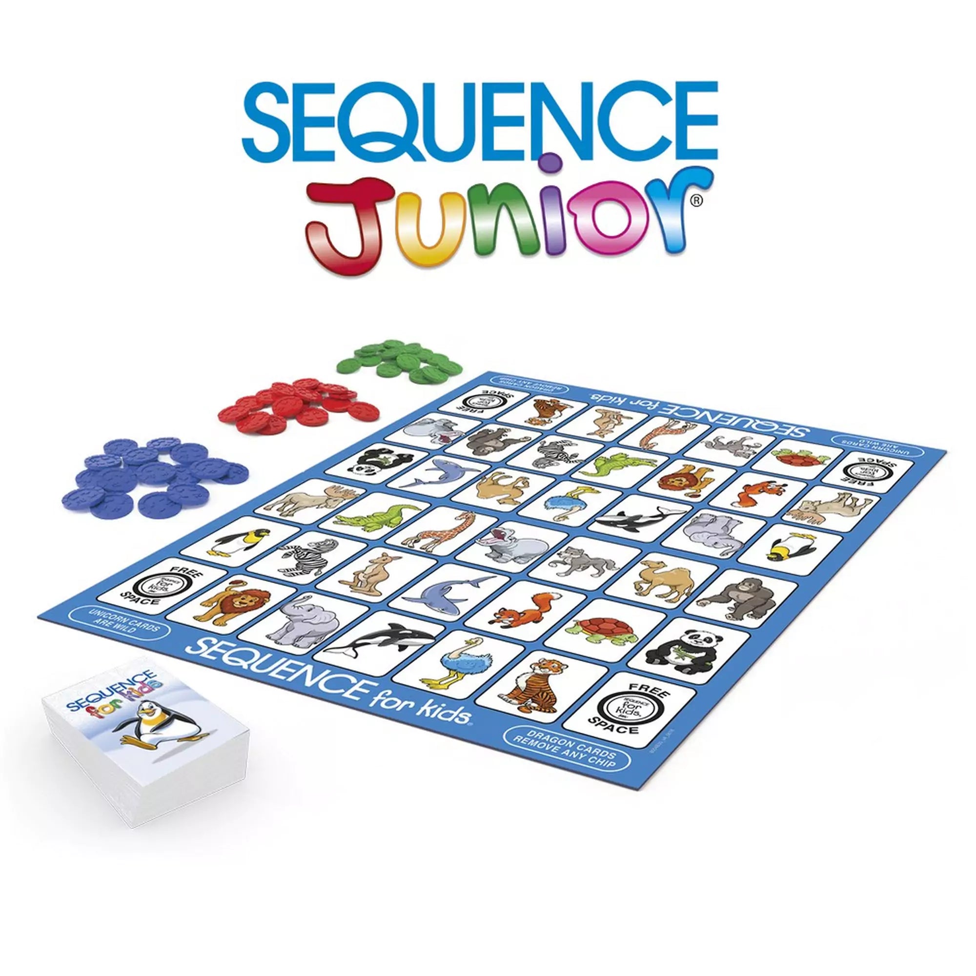 A Sequence Junior társasjáték tartalma: játéktábla állatos illusztrációkkal, színes zsetonok piros, kék és zöld színben, valamint játékkártyák. Kiváló választás gyerekeknek és családoknak közös szórakozáshoz.