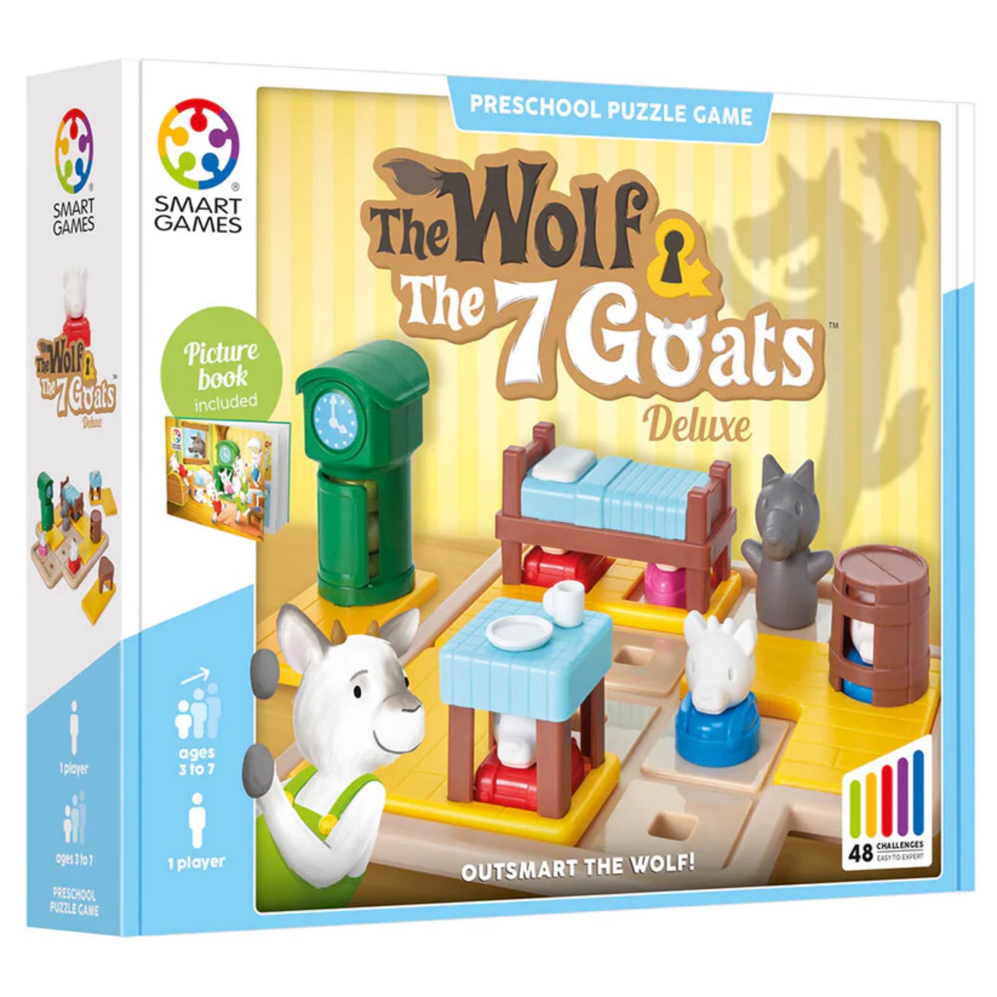 A The Wolf & The 7 Goats Deluxe logikai játék doboza, rajta a játék figurái és a farkas árnyéka a háttérben, 3–7 éveseknek ajánlva.