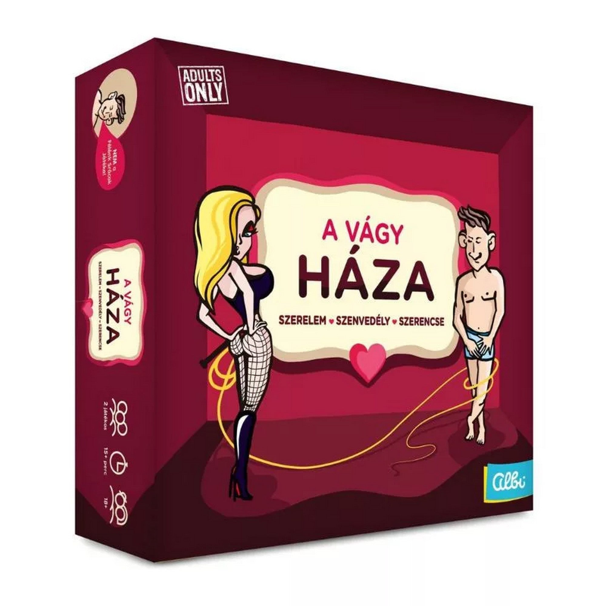 A vágy háza társasjáték doboza, piros háttérrel, rajzolt női és férfi karakterekkel, „Adults Only” jelöléssel és romantikus témájú grafikával.