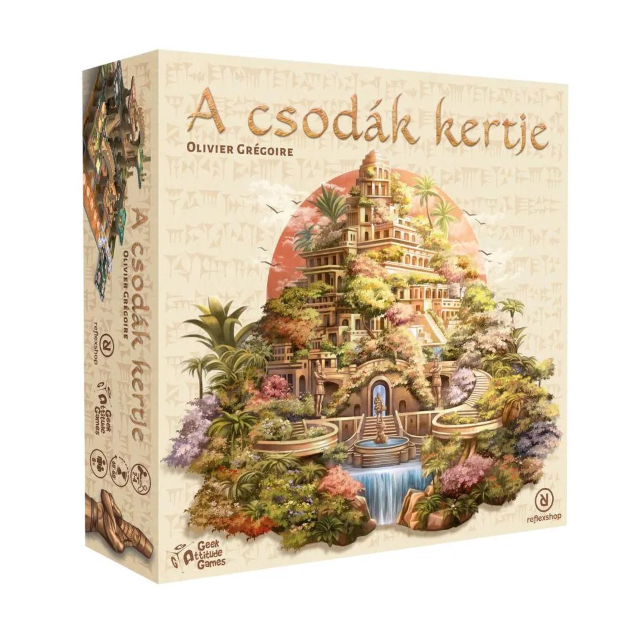 A Csodák kertje társasjáték doboza, amely a legendás függőkert látványos illusztrációját ábrázolja buja növényzettel és vízeséssel.