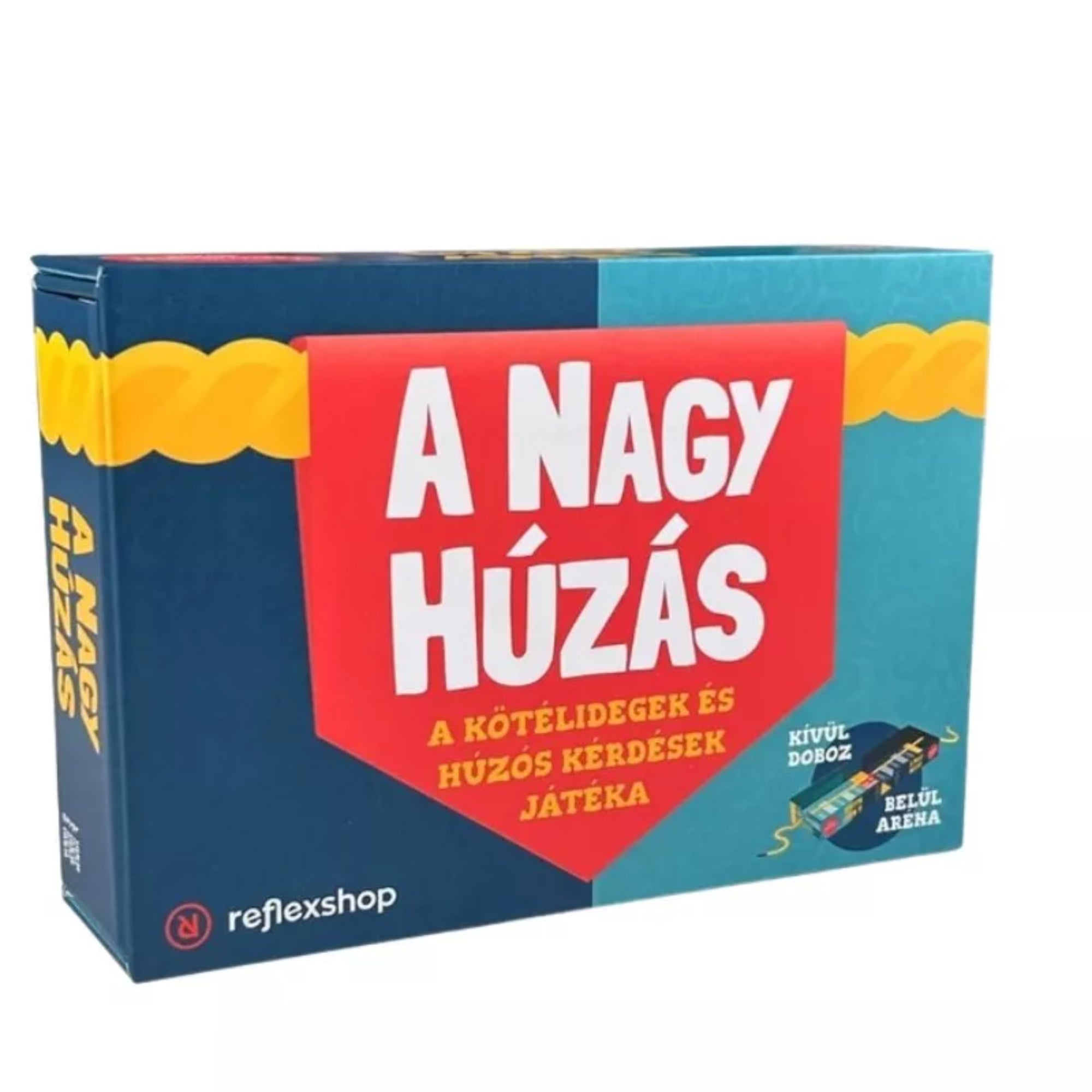 Ez a kép A nagy húzás társasjáték dobozát ábrázolja, amely egy izgalmas csapatjáték, ahol a tudásoddal húzhatod magad felé a győzelmet. A játékban két csapat küzd meg egymással igen-nem kérdésekkel, és minden helyes válasszal közelebb kerülhetsz a sikerhez. Tökéletes választás baráti összejövetelekhez és családi estékhez.