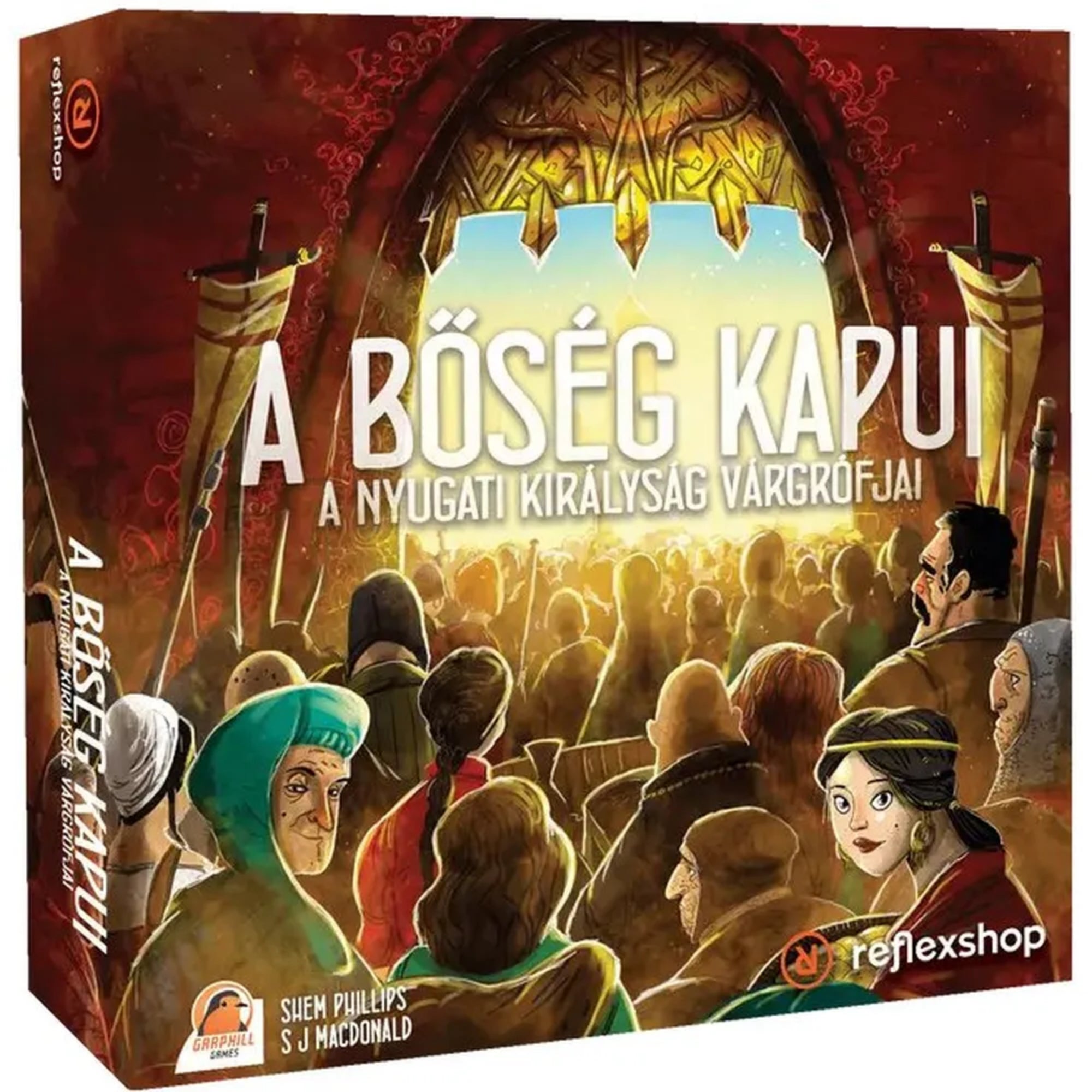 „A bőség kapui – A Nyugati Királyság várgrófjai” társasjáték doboza, amelyen egy díszes aranykapun keresztül fény árad a tömeg felé; az előtérben sokszínű karakterek és középkori hangulatú részletek látható