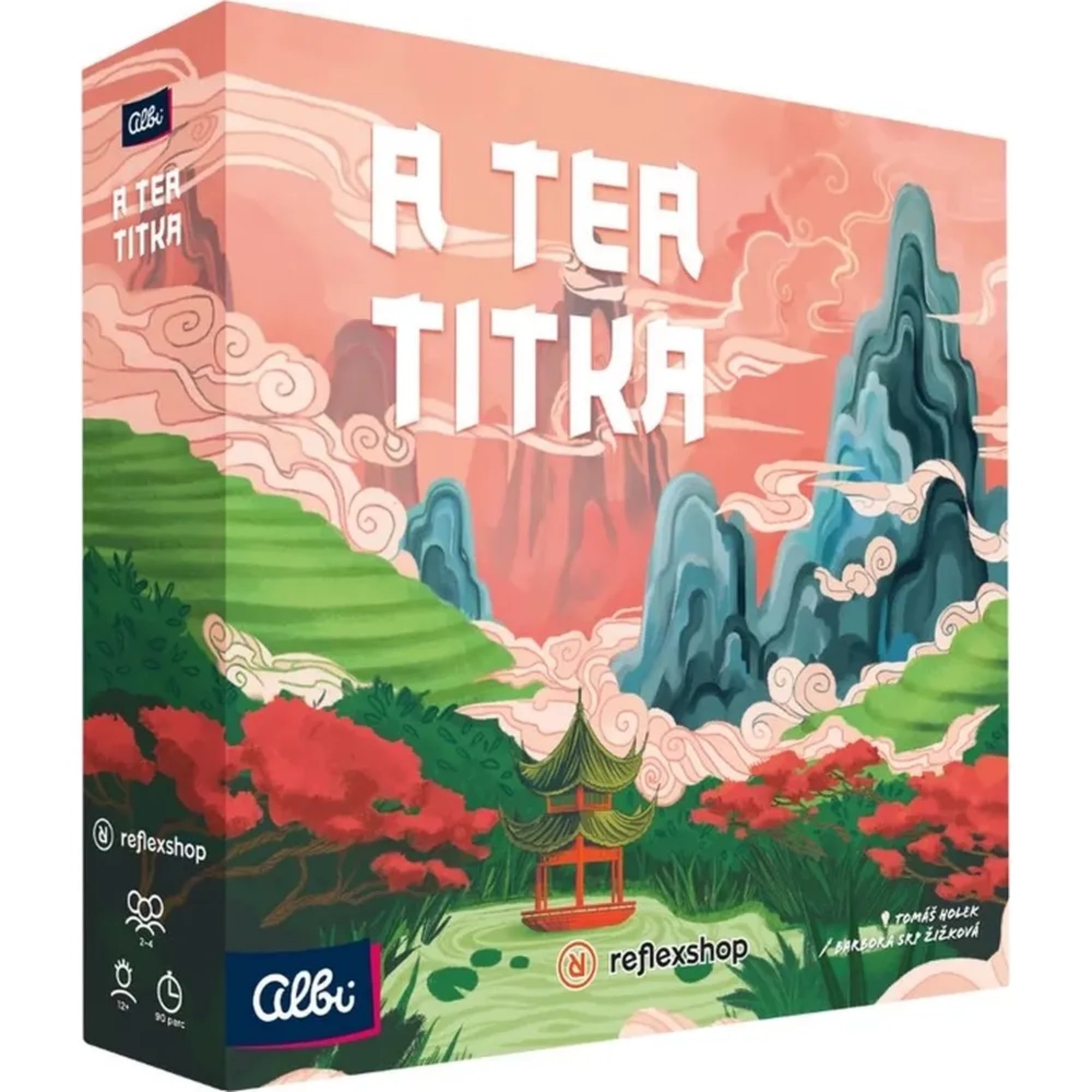 A tea titka” társasjáték doboza elölről, keleties hangulatú festett tájképpel, rózsaszín felhőkkel, smaragdzöld hegyekkel és egy pagodával a középpontban.

