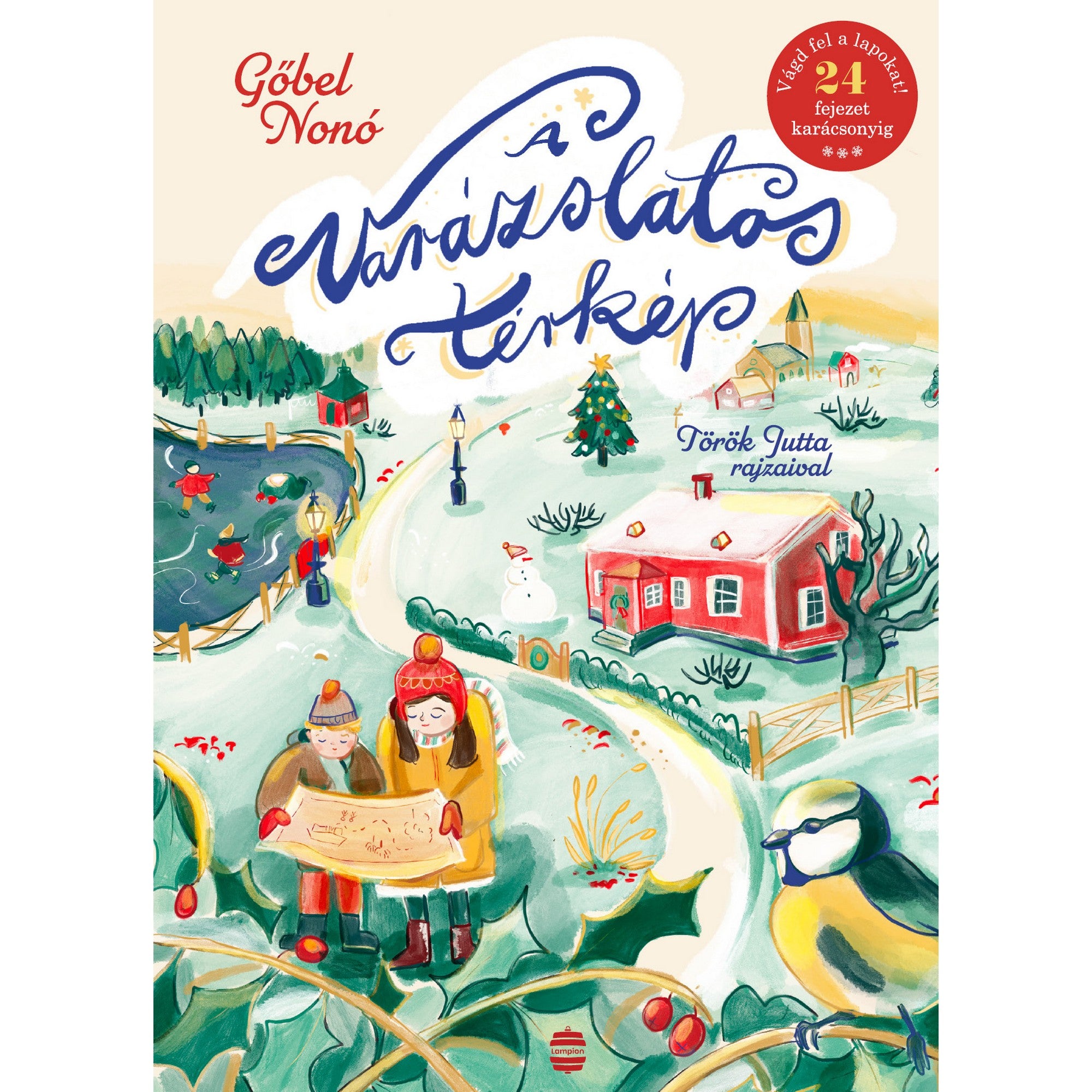 „A varázslatos térkép című könyv borítója, téli tájjal, hófedte úton térképet néző két gyerekkel, karácsonyfával, piros házzal és madárral az előtérben.”