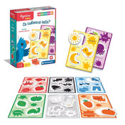 Az Agerino Baby Montessori – Ce culoare este? játék doboza és a színes kártyák együtt láthatók, kiemelve a tanulást segítő illusztrált lapokat.