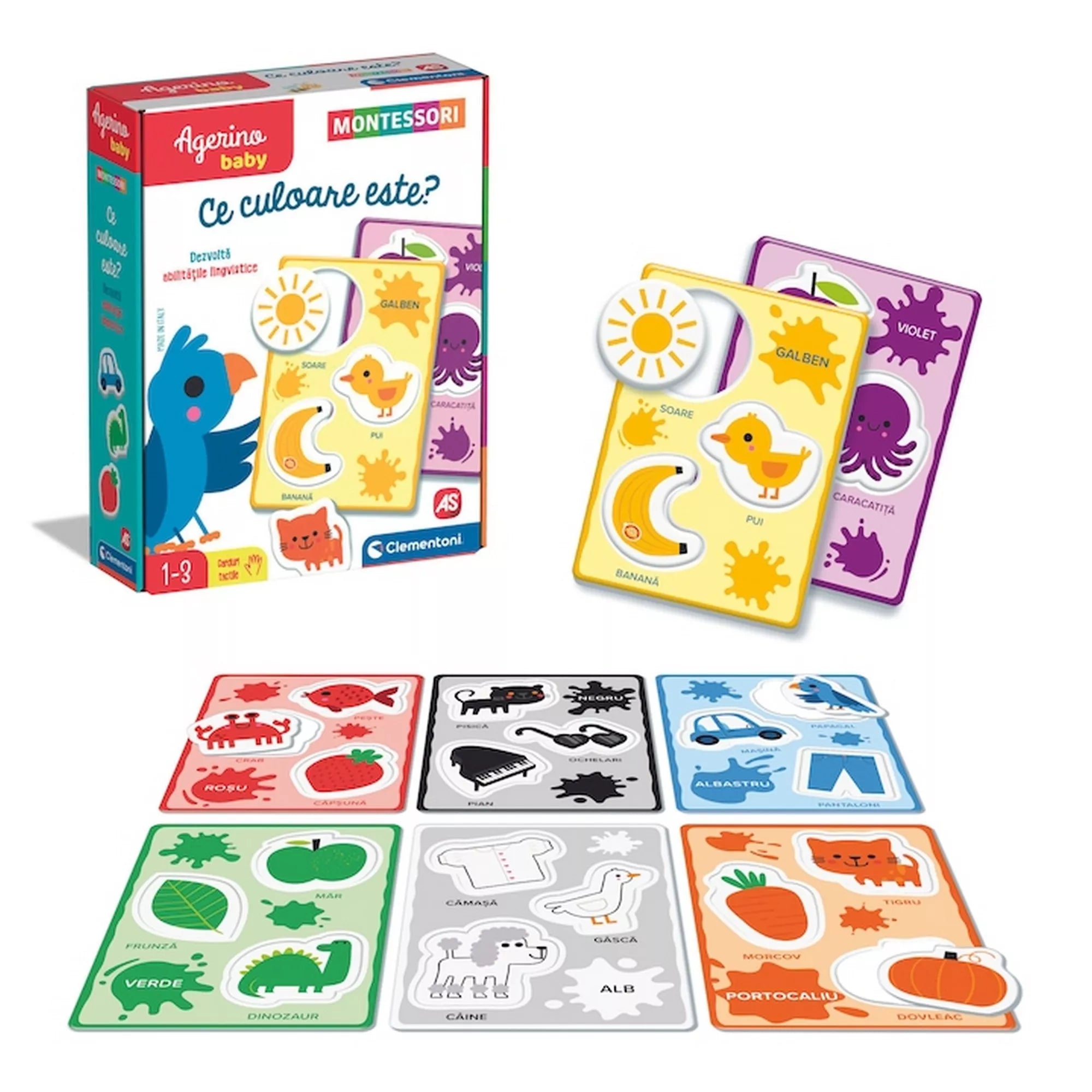 Az Agerino Baby Montessori – Ce culoare este? játék doboza és a színes kártyák együtt láthatók, kiemelve a tanulást segítő illusztrált lapokat.