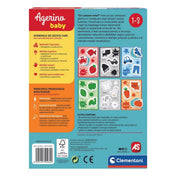 Az Agerino Baby Montessori – Ce culoare este? dobozának hátoldala, amely bemutatja a fejlesztett készségeket, a Montessori pedagógiai elveket és a játék tartalmát.