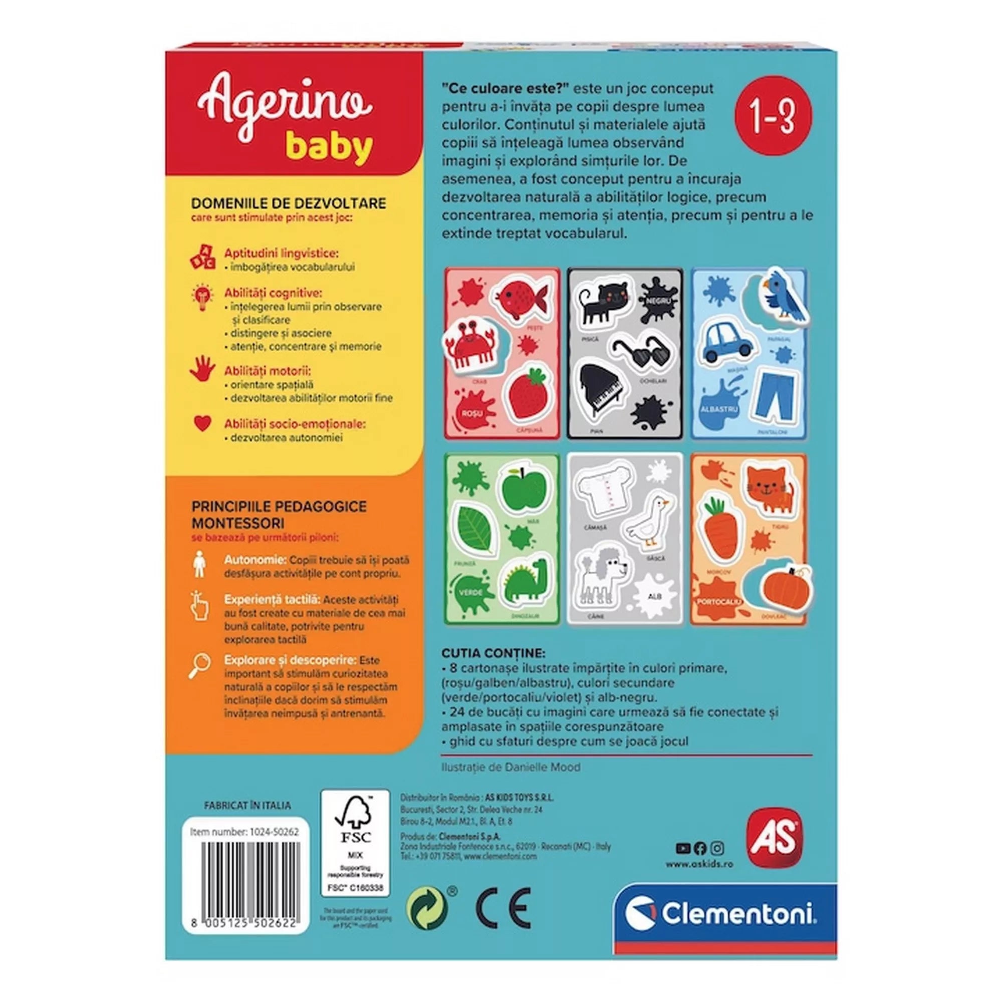 Az Agerino Baby Montessori – Ce culoare este? dobozának hátoldala, amely bemutatja a fejlesztett készségeket, a Montessori pedagógiai elveket és a játék tartalmát.