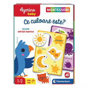 Az Agerino Baby Montessori – Ce culoare este? játék doboza, rajta színes illusztrációkkal, például nap, kiskacsa és banán, amelyek a sárga színt tanítják, valamint a Montessori logóval.