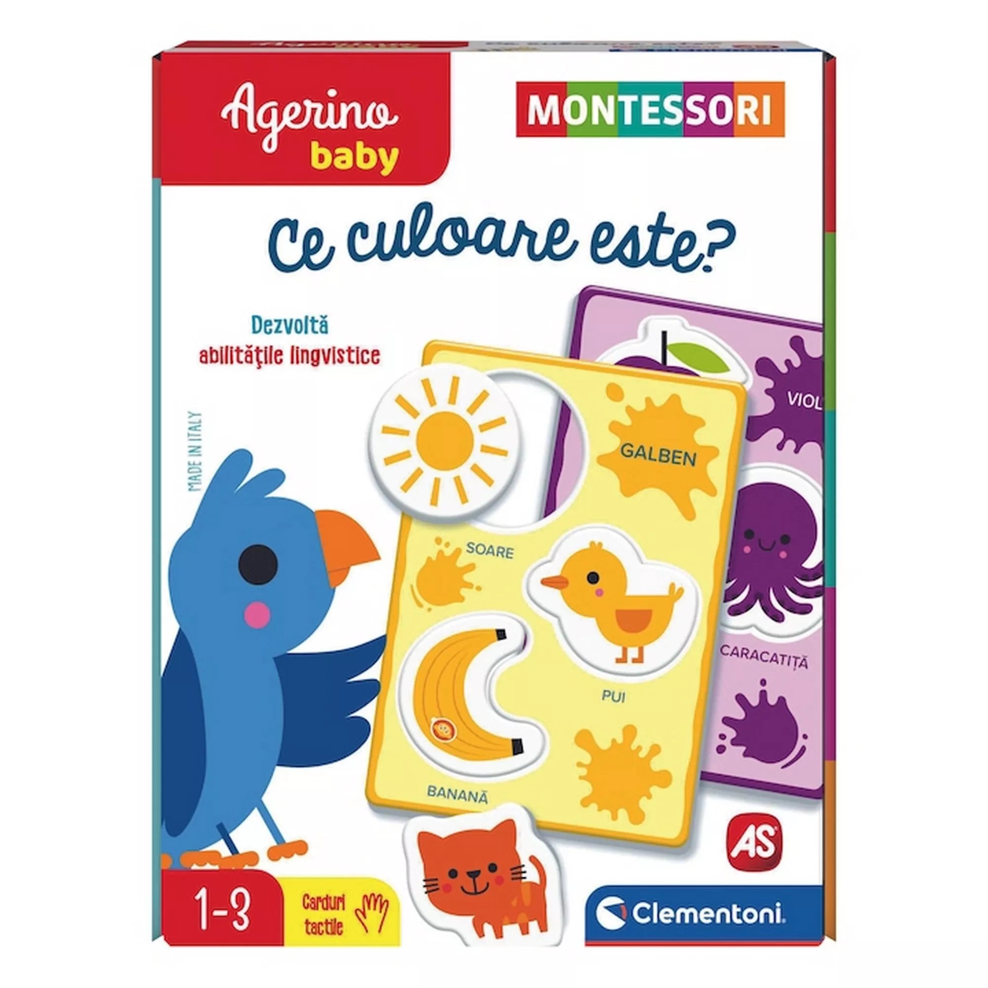 Az Agerino Baby Montessori – Ce culoare este? játék doboza, rajta színes illusztrációkkal, például nap, kiskacsa és banán, amelyek a sárga színt tanítják, valamint a Montessori logóval.