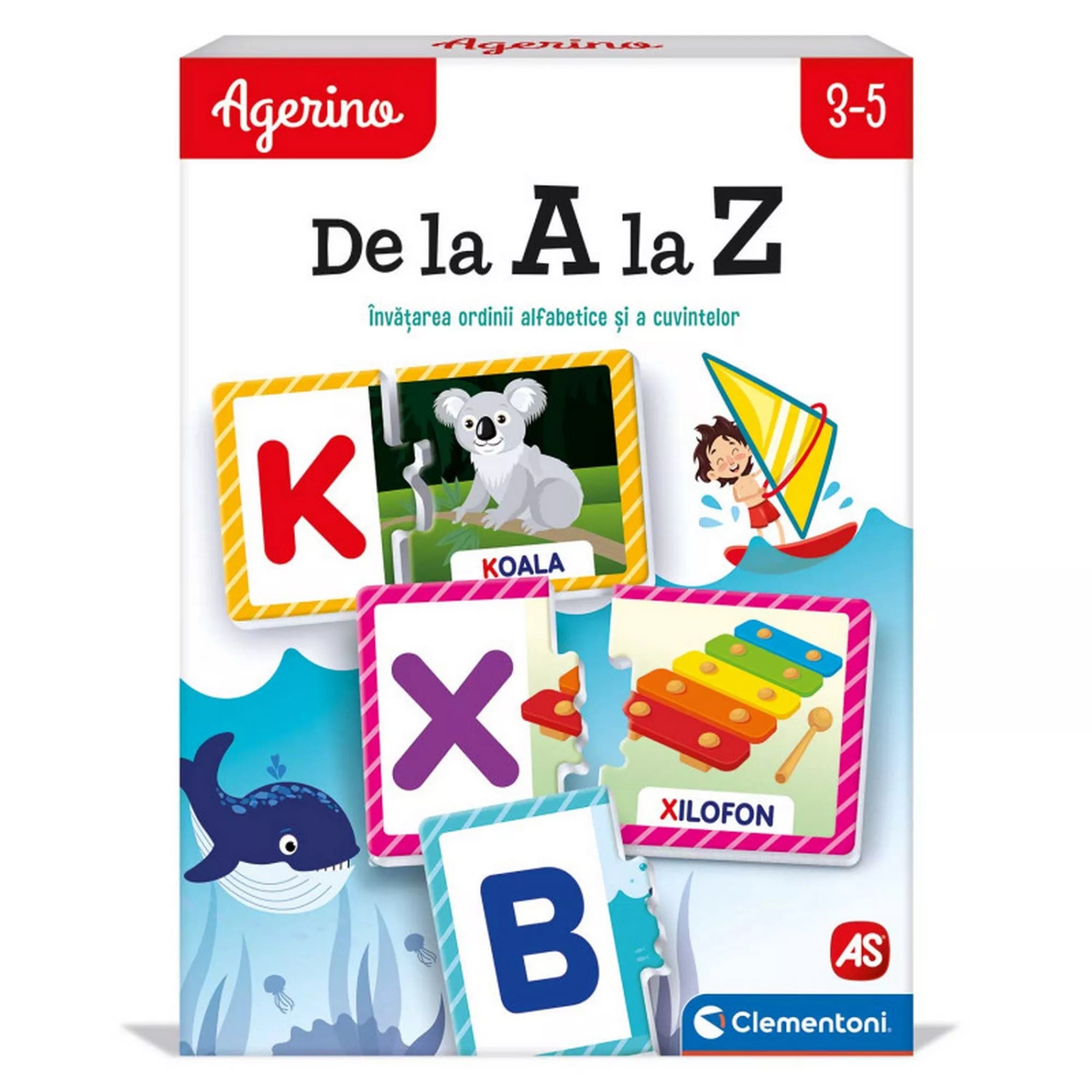 Az Agerino – De la A la Z oktatójáték doboza, amely az ábécé tanulását segíti színes betűkártyákkal és képekkel, például koalával és xilofonnal.