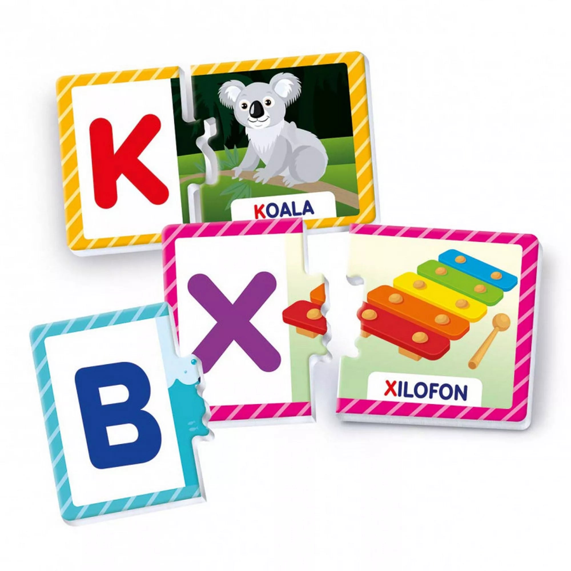 Az Agerino – De la A la Z játék néhány kártyája közelről, például a „K” betűs koala és az „X” betűs xilofon, amelyek kirakós formában illeszthetők össze.