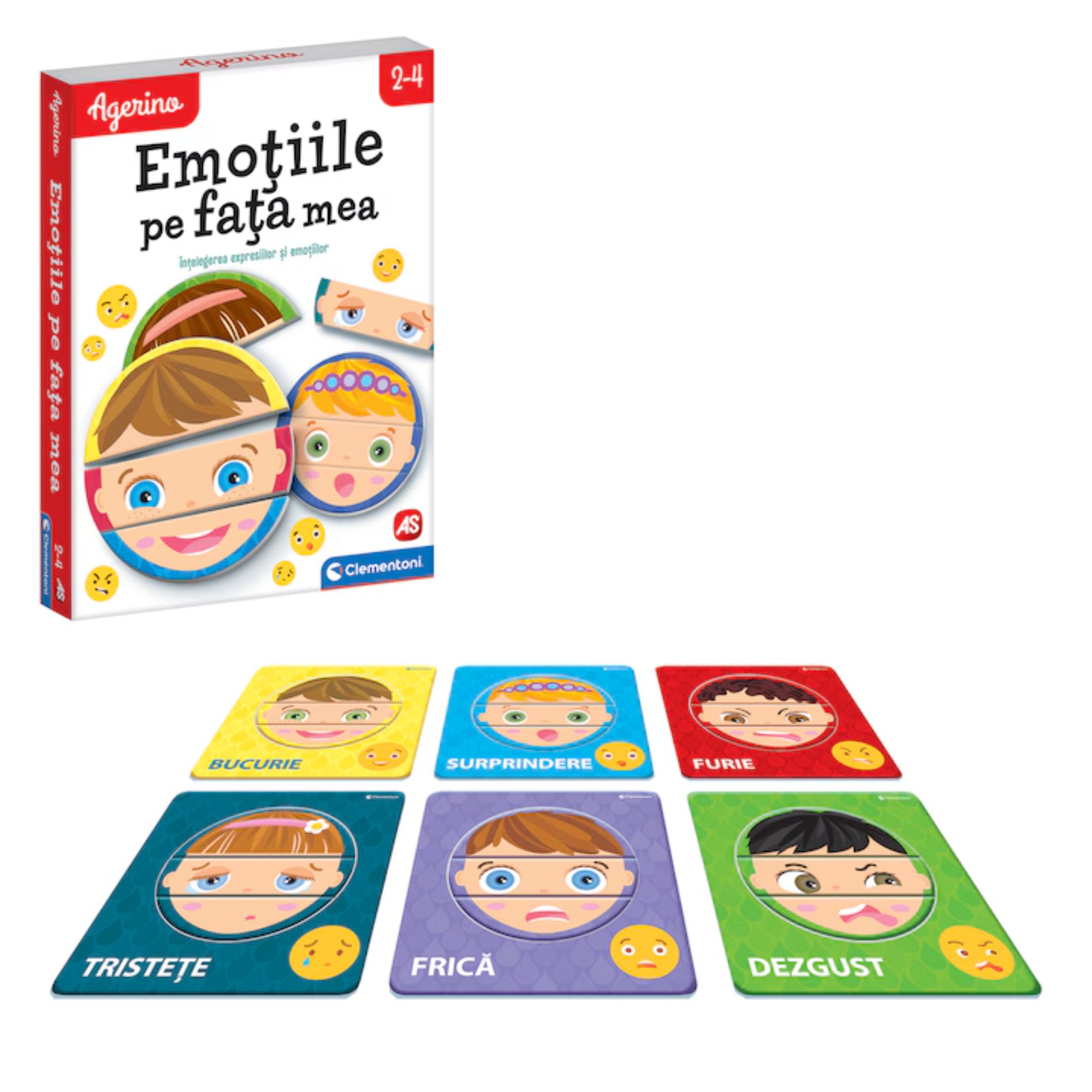 „Az Emoțiile pe fața mea doboza a hat érzelemkártyával kiterítve, különböző arckifejezések megfigyeléséhez és tanulásához.”