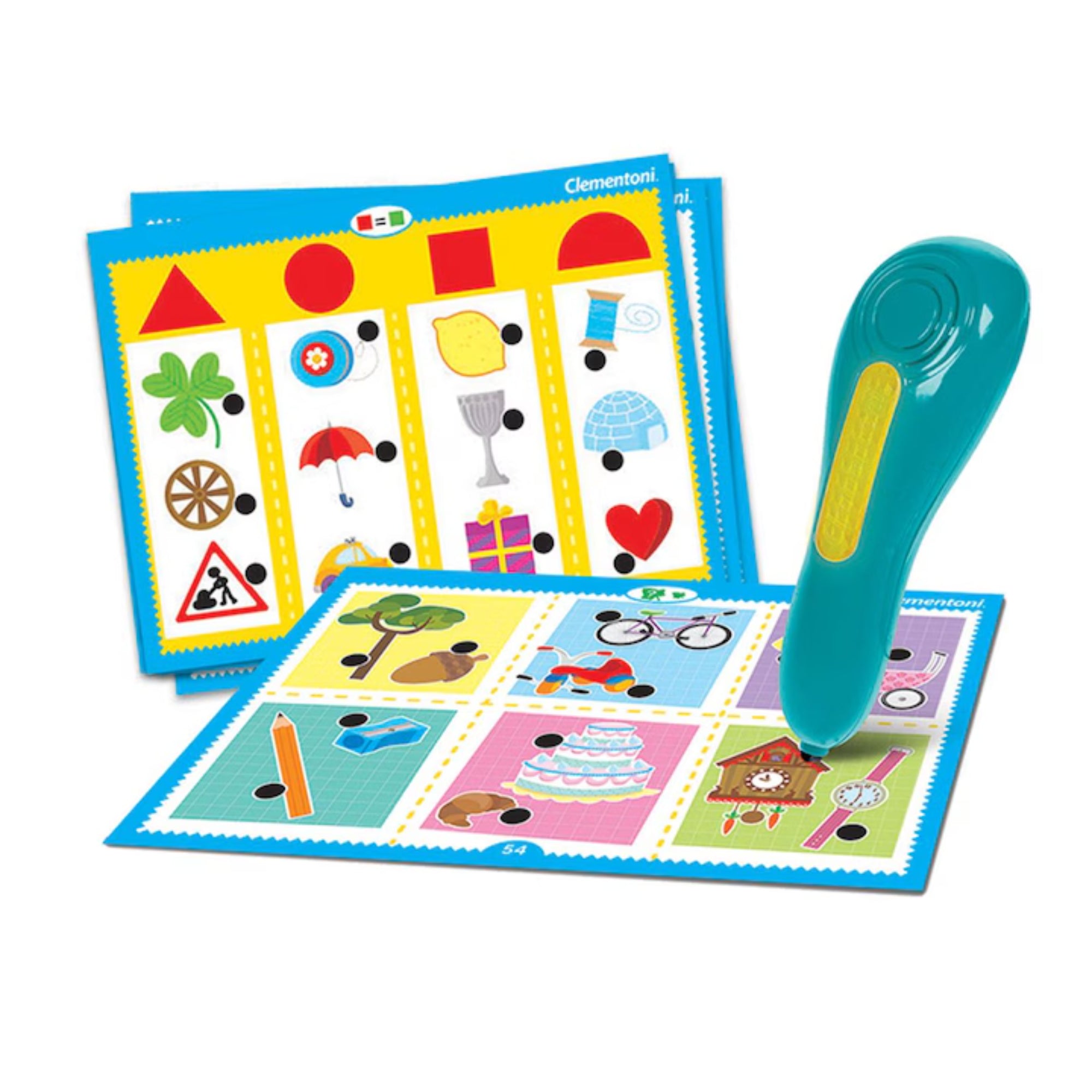 Enciclopedia Electronică oktatókártyák és elektronikus toll közelről, színes képes feladatokkal.