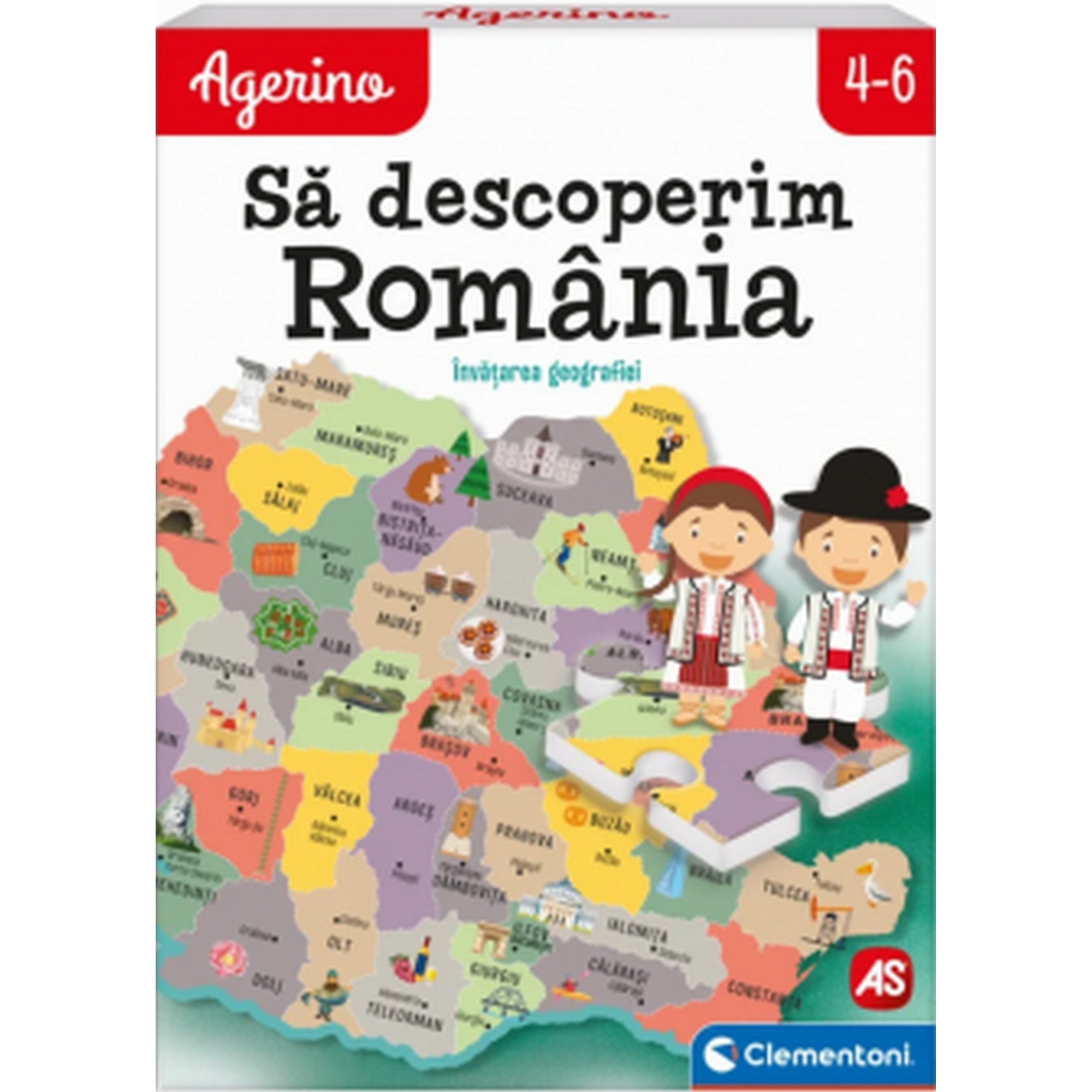 „Să descoperim România puzzle doboza: Románia térképe illusztrációkkal és népviseletes gyerekfigurákkal.”