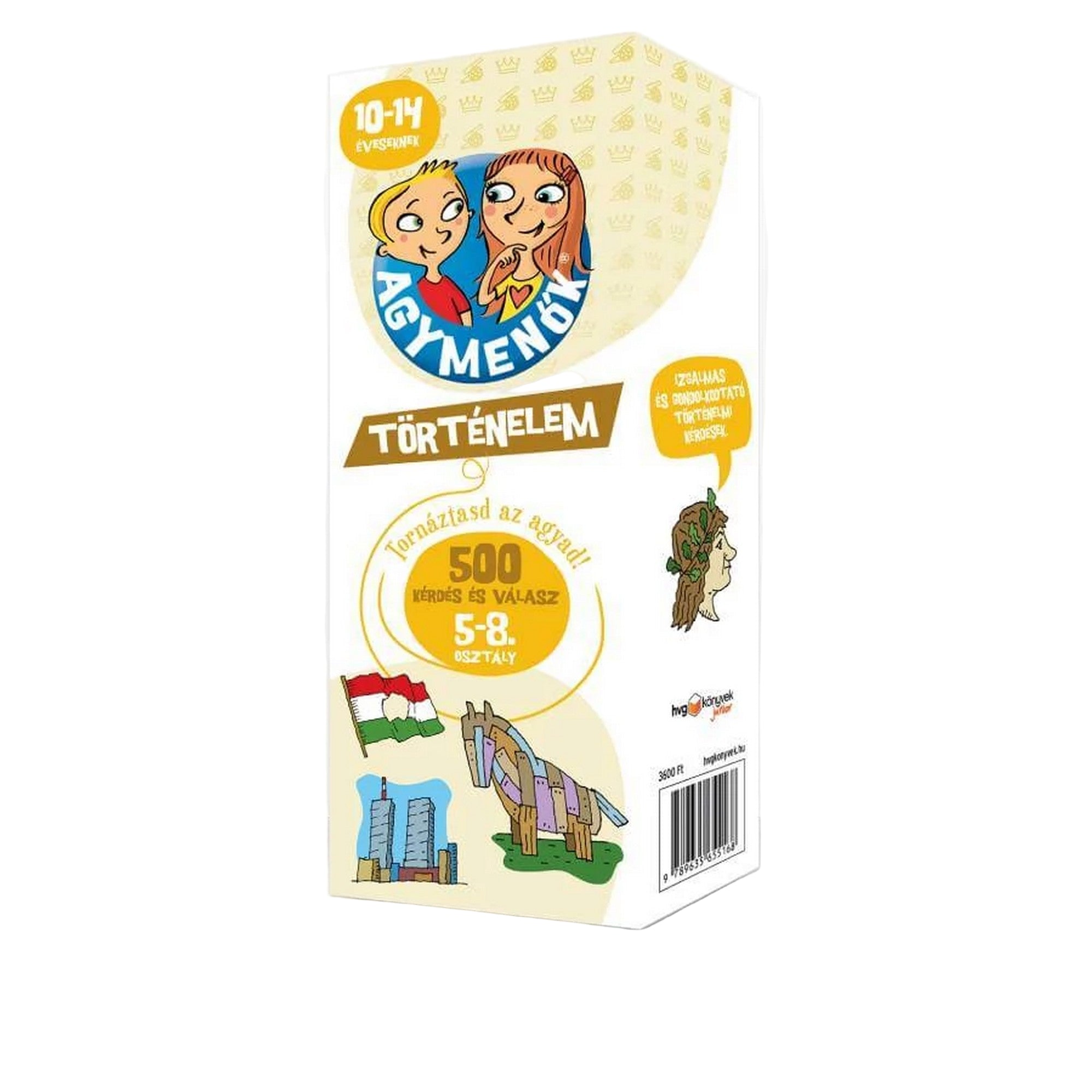 „Az Agymenők – Történelem kártyacsomag doboza, 10–14 éveseknek, 500 kérdéssel és válasszal. A csomagon illusztrált történelmi figurák, magyar zászló és épületek láthatók.”