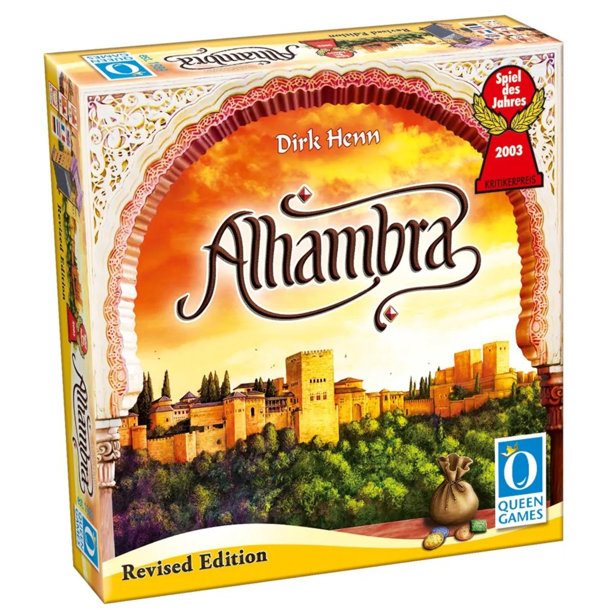 Alhambra társasjáték doboza, mór palotát ábrázoló illusztrációval és Spiel des Jahres 2003 díjjelöléssel.