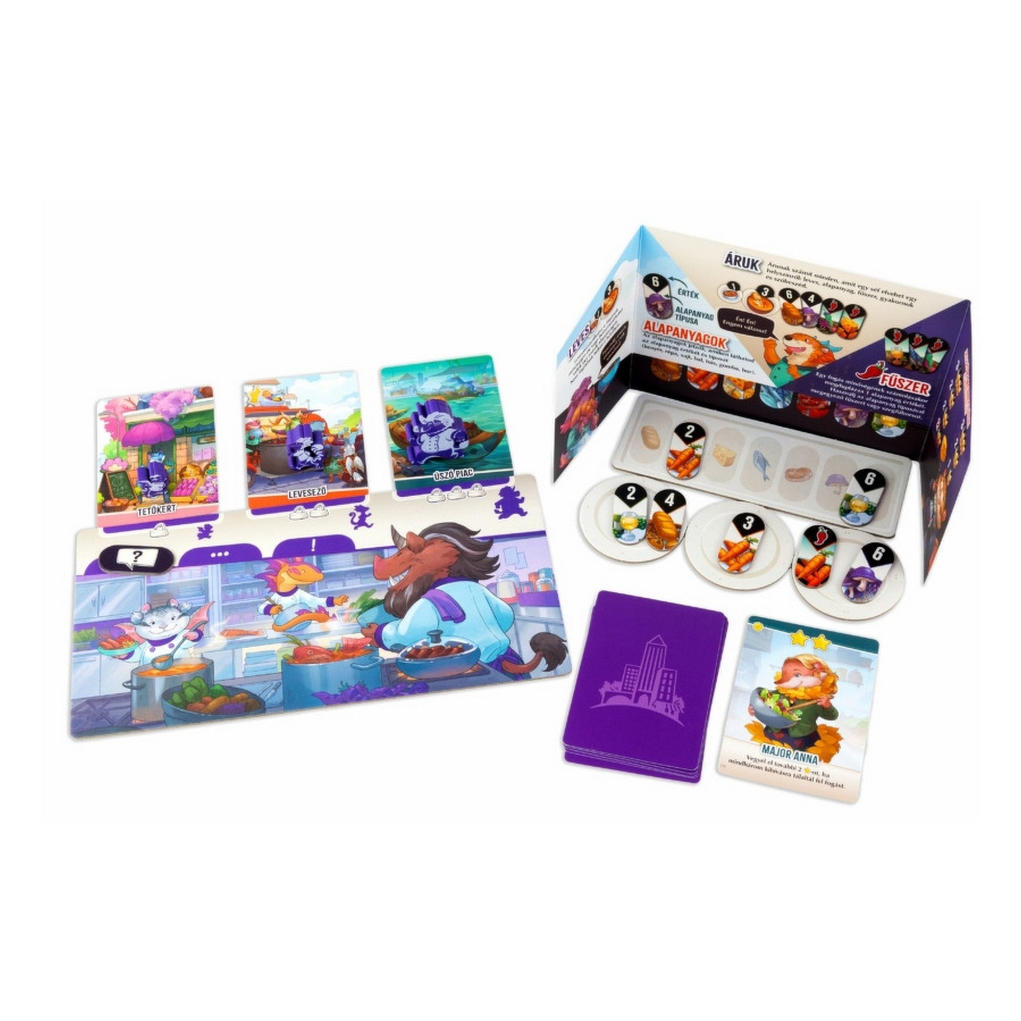 Az Állati fogások játékos paravánja és játéktáblája, étel- és alapanyagkártyákkal, színes grafikával és játékelemekkel.