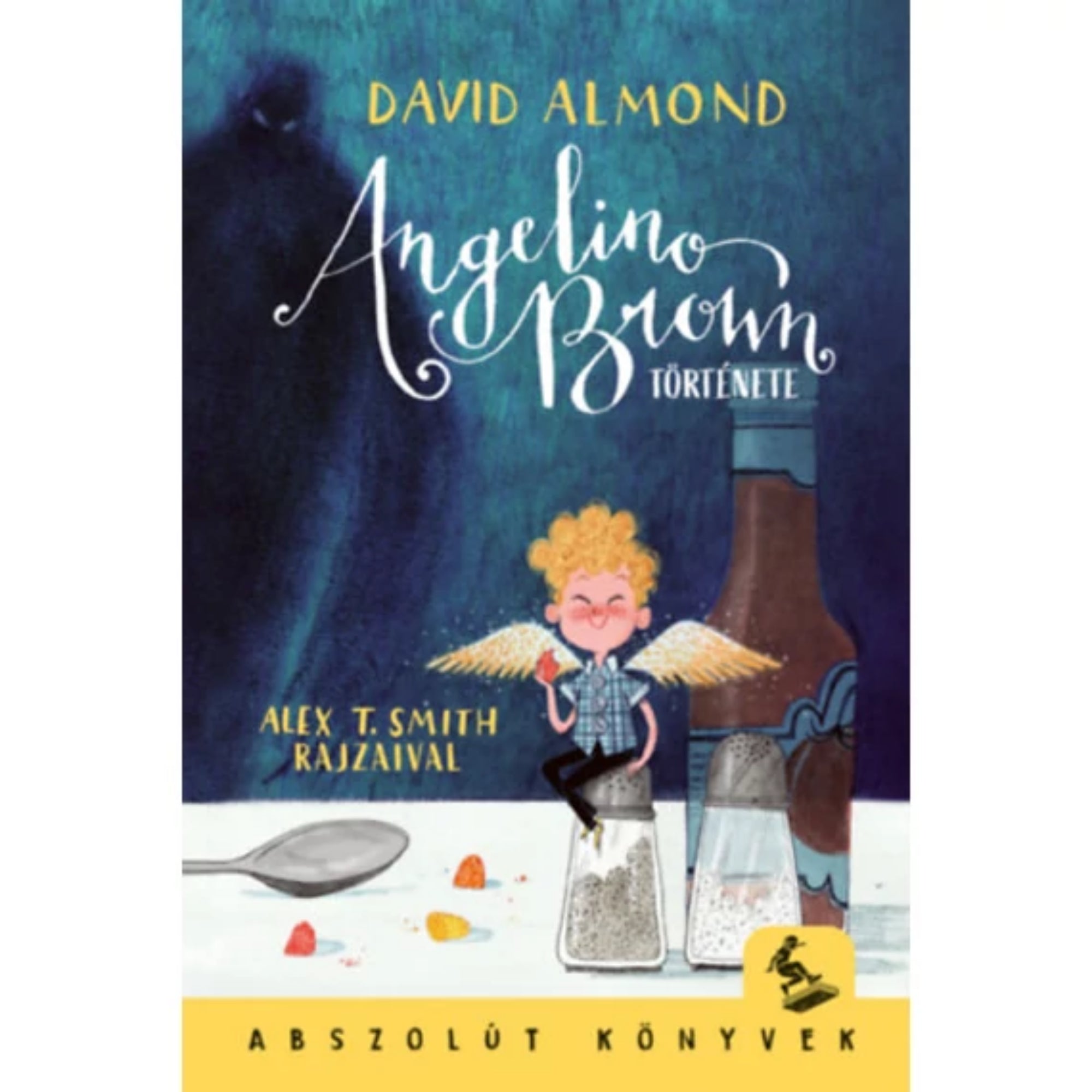 A „Angelino Brown története” című könyv borítója, David Almond írásában, Alex T. Smith illusztrációival. A képen egy apró, szárnyas angyalka, Angelino ül egy sószórón, vidáman mosolyogva és egy piros cukorkát tartva. A háttérben egy titokzatos, árnyékos alak sejlik fel, rejtélyes és sejtelmes hangulatot kölcsönözve a borítónak.