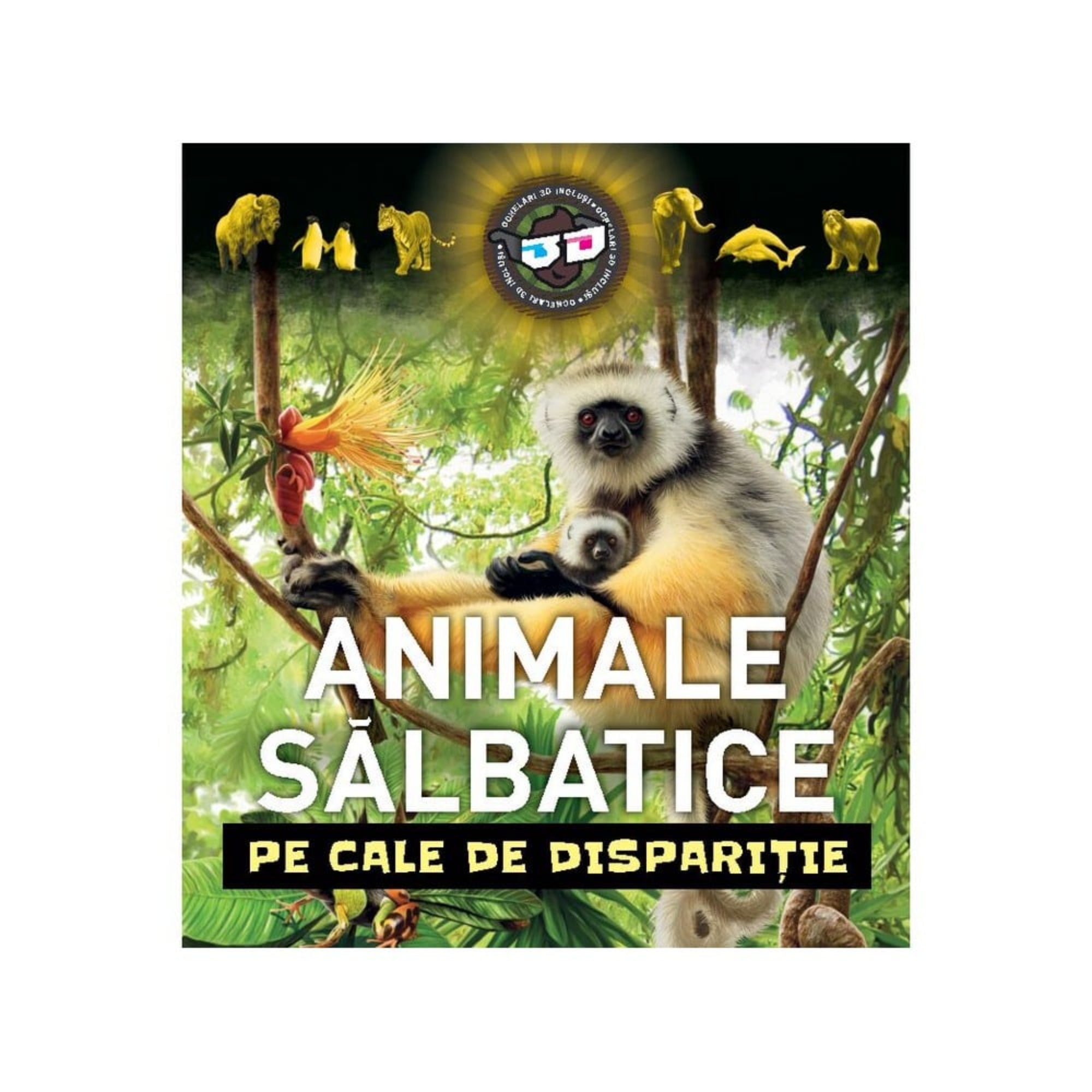 A képen egy ismeretterjesztő gyerekkönyv borítója látható, amelynek címe: „Animale Sălbatice pe cale de dispariție” – azaz „Veszélyeztetett vadállatok”. A borító középpontjában egy kismajmát szorosan ölelő majom ül egy fán, körülötte buja, zöld dzsungel látható. A felső részen több aranyszínű állat ikonja (például oroszlán, elefánt, delfin, pingvin) jelenik meg, utalva a könyv változatos állatvilágára.