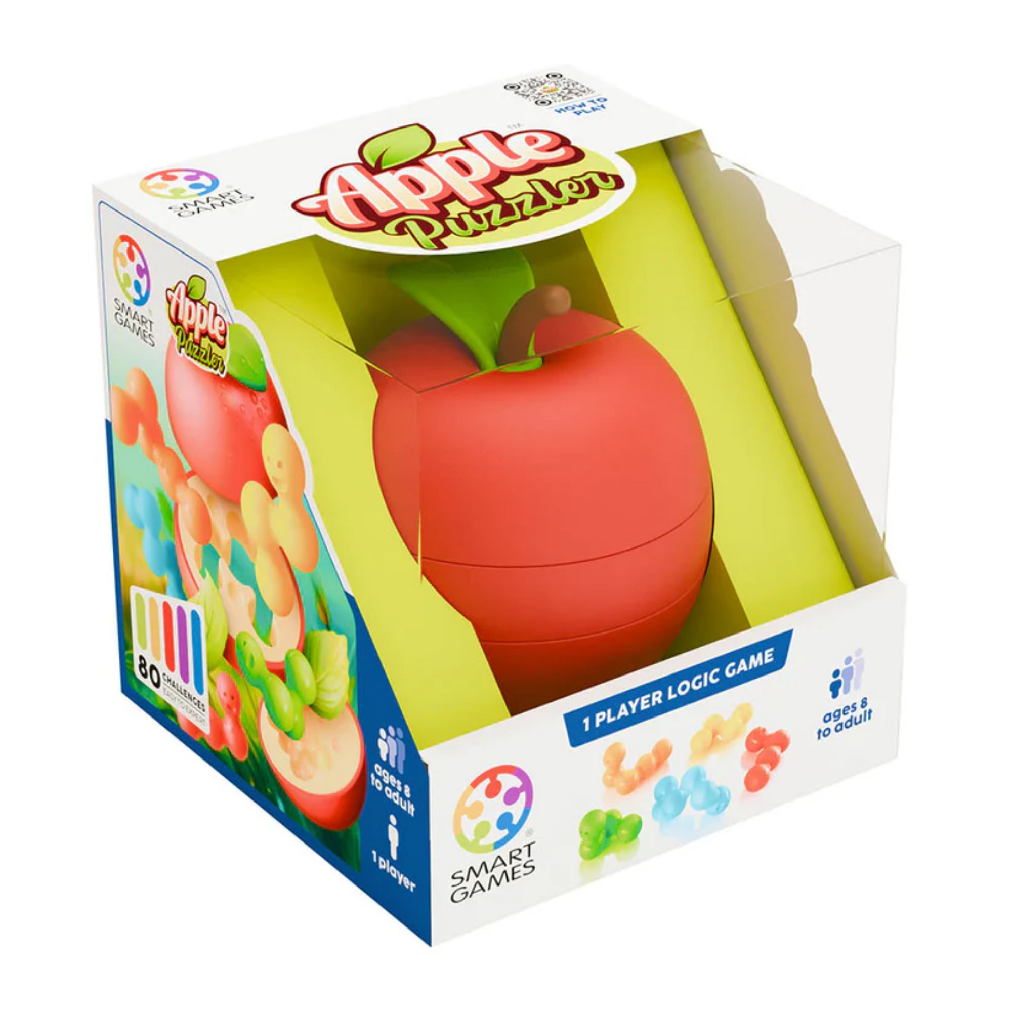 Az Apple Puzzler logikai játék csomagolása, mely átlátszó dobozban mutatja a színes, almát formázó játékot. A dobozon a Smart Games logója és a játék neve látható.
