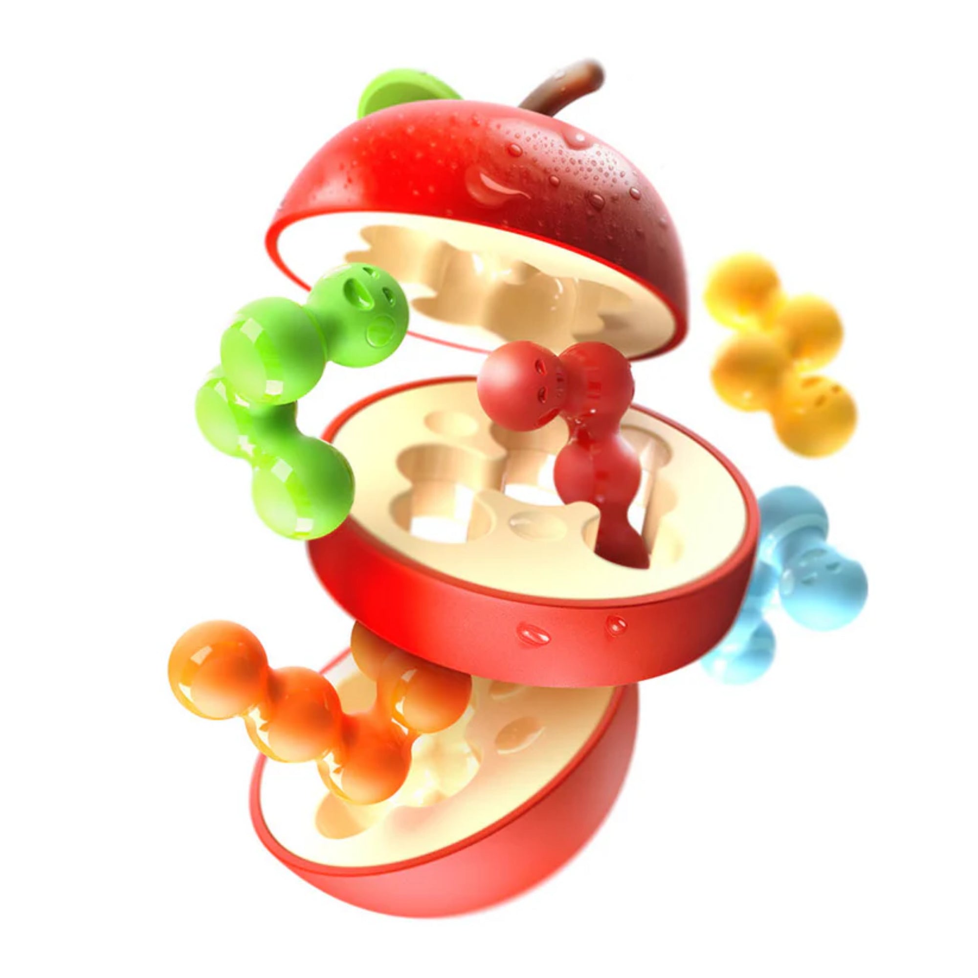 Az Apple Puzzler játék látványos, illusztrált képe, ahol a félbevágott almából színes kukacfigurák ugranak ki, bemutatva a játék dinamikus és szórakoztató jellegét.