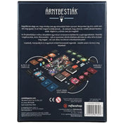 Árnybestiák társasjáték hátoldali dobozkép, kirakott játéktáblával, kártyákkal és játékelemekkel, a játék mechanikájának bemutatásával