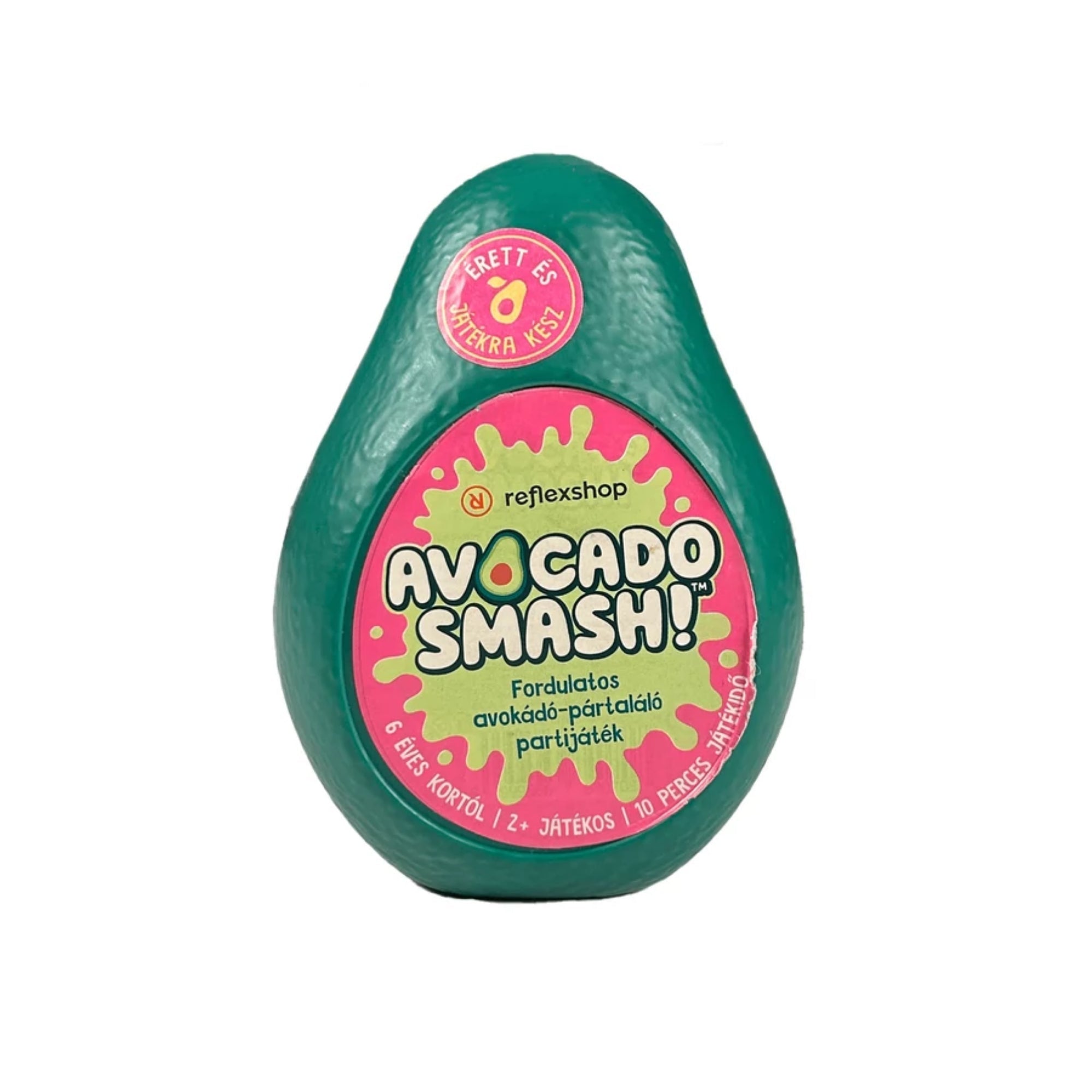 Az "Avocado Smash!" társasjáték egyedi, avokádó alakú csomagolása látható, amely praktikus és figyelemfelkeltő designnal rendelkezik.