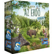 Az „Az erdő: Cserjék” társasjáték doboza, amely festett erdei tájat ábrázol állatokkal, köztük vaddisznóval, bölénnyel és madarakkal, a Gemklub és Lookout Games logóival.