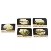 „Az Erdő: Dartmoor barlangkártyái különböző festett tájképekkel és játékszabály ikonokkal.”