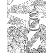 Az óceán csodái – Bűvös színező világítótornyos oldal: Díszesen mintázott kifestőoldal világítótoronnyal, hullámokkal és felhőkkel, tengeri hangulatban.