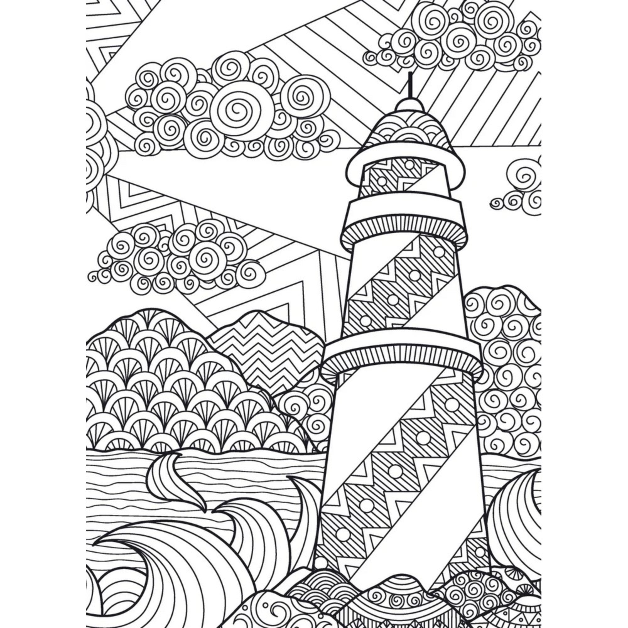 Az óceán csodái – Bűvös színező világítótornyos oldal: Díszesen mintázott kifestőoldal világítótoronnyal, hullámokkal és felhőkkel, tengeri hangulatban.