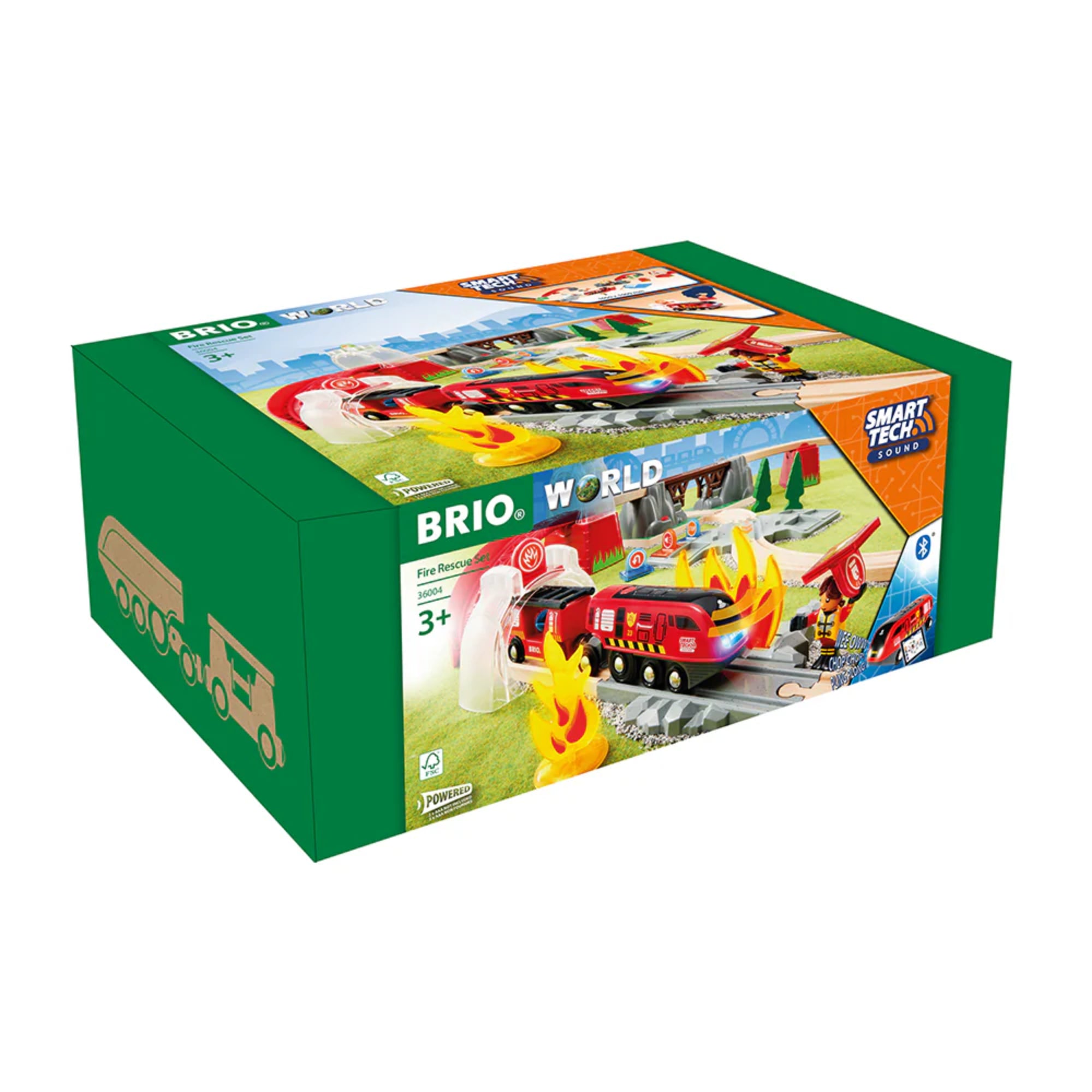 BRIO Smart Tech Sound Tűzoltó mentőállomás készlet doboz: A BRIO World Tűzoltó mentőállomás Smart Tech Sound technológiás készlet zöld doboza, rajta a piros tűzoltóvonattal és lángokkal.
