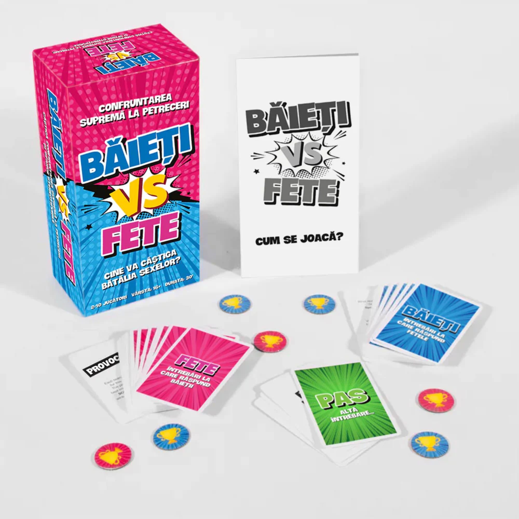 Băieți VS Fete partijáték doboz és játéktartalom: kérdéskártyák fiúknak és lányoknak, provokáció kártyák, zsetonok és szabálylap.