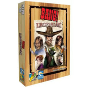 Bang! – Legendák doboz elölnézetből, western stílusú illusztrációval, középen egy cowboy kalapban, körülötte ikonikus karakterek arcképeivel.