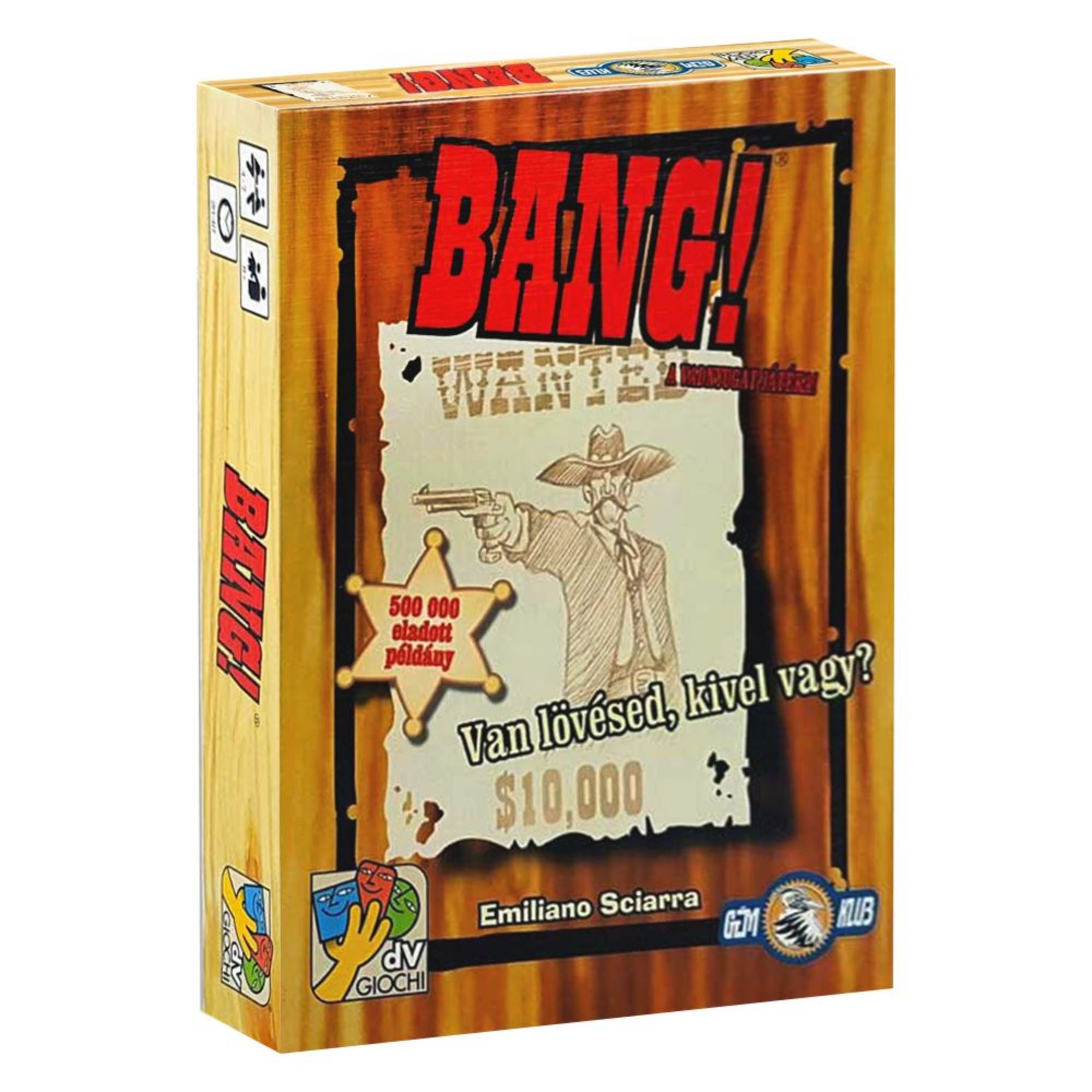 A Bang! társasjáték ikonikus doboza, amelyen egy vadnyugati fejvadász körözési plakátja látható, középen egy revolvert tartó cowboy rajzával.