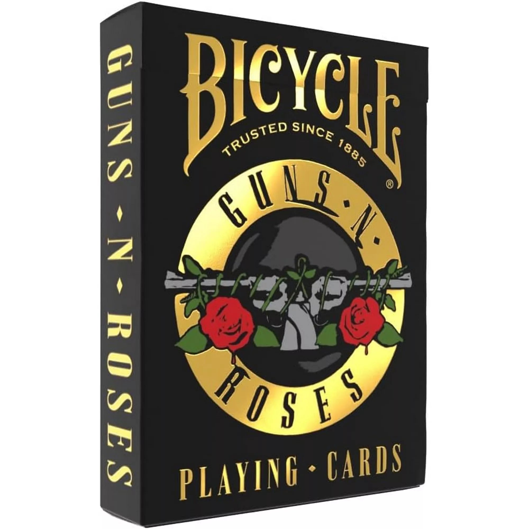 A Bicycle Guns N’ Roses kártyapakli doboza fekete alapon, arany és piros színekben, a legendás Guns N’ Roses logóval és rózsamotívumokkal díszítve.