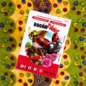 Bogártánc társasjáték doboza felülről, körülötte színes rovaros játéklapokkal és korongokkal.