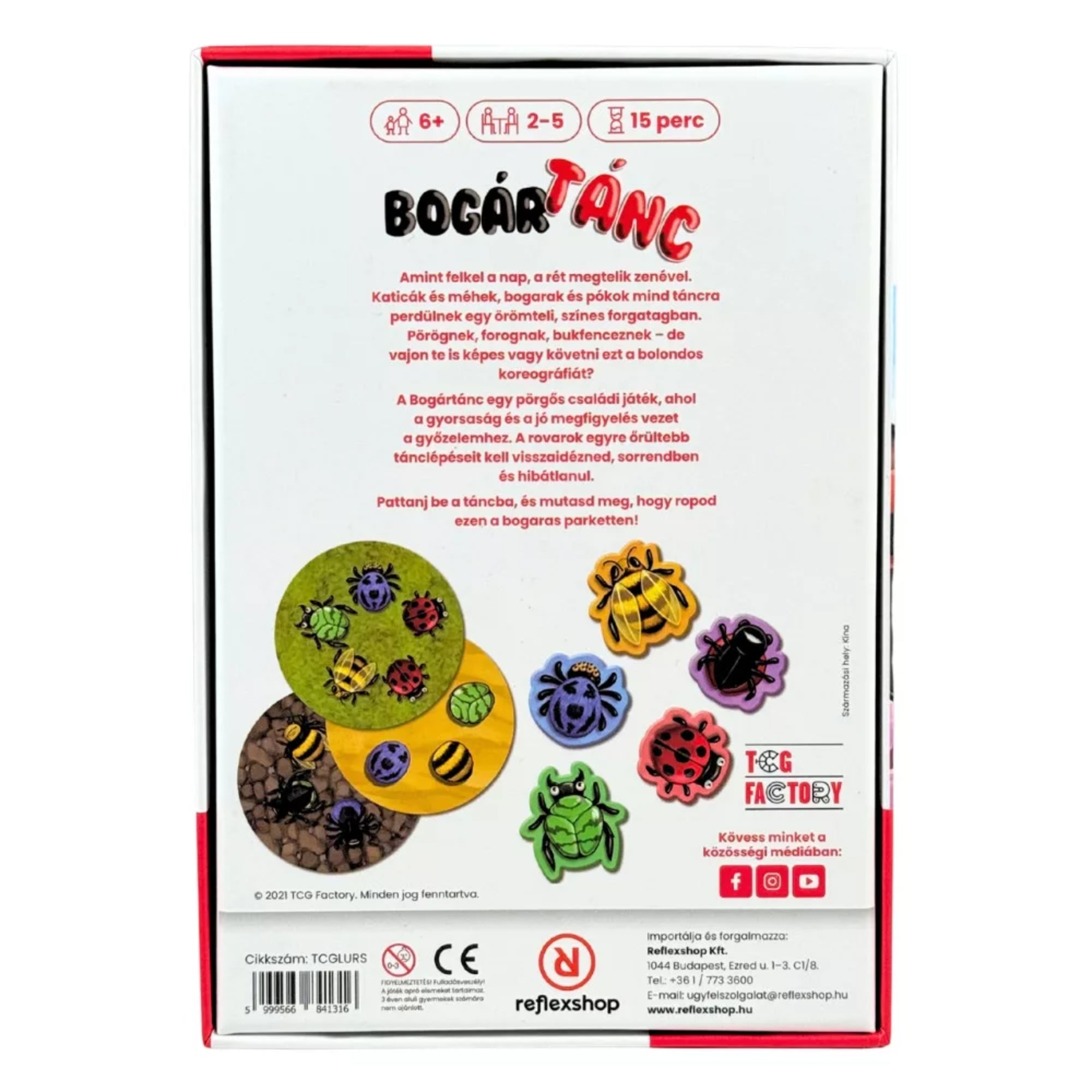 Bogártánc társasjáték doboz hátoldala játékleírással és a rovaros játékelemek bemutatásával.